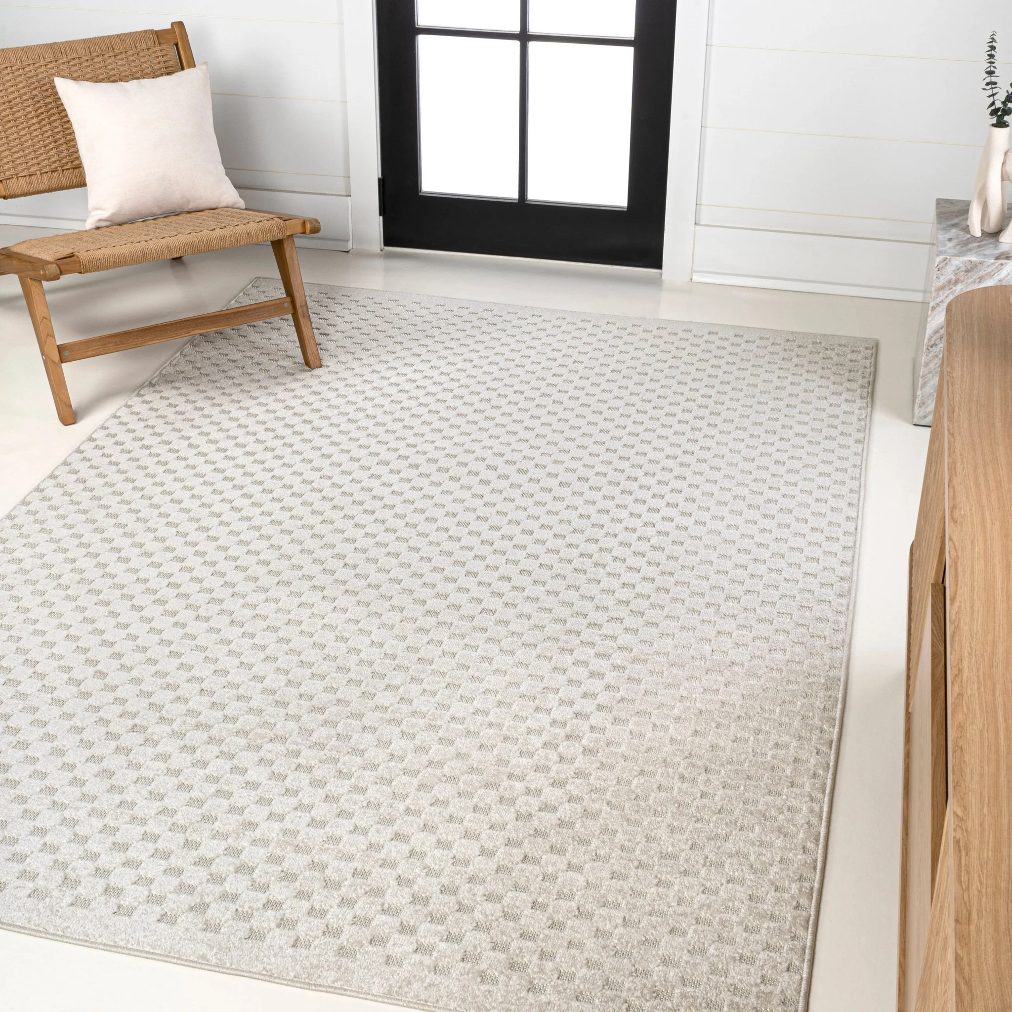Finn High-Low Modern Minimalist Checkered Monotone Indoor/Outdoor Area Rug