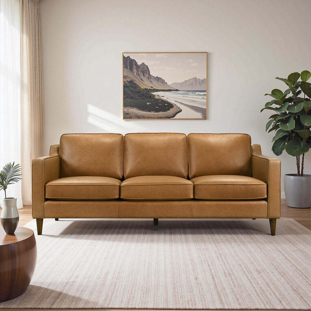 Cooper Mid Century Modern Tan Leather Sofa