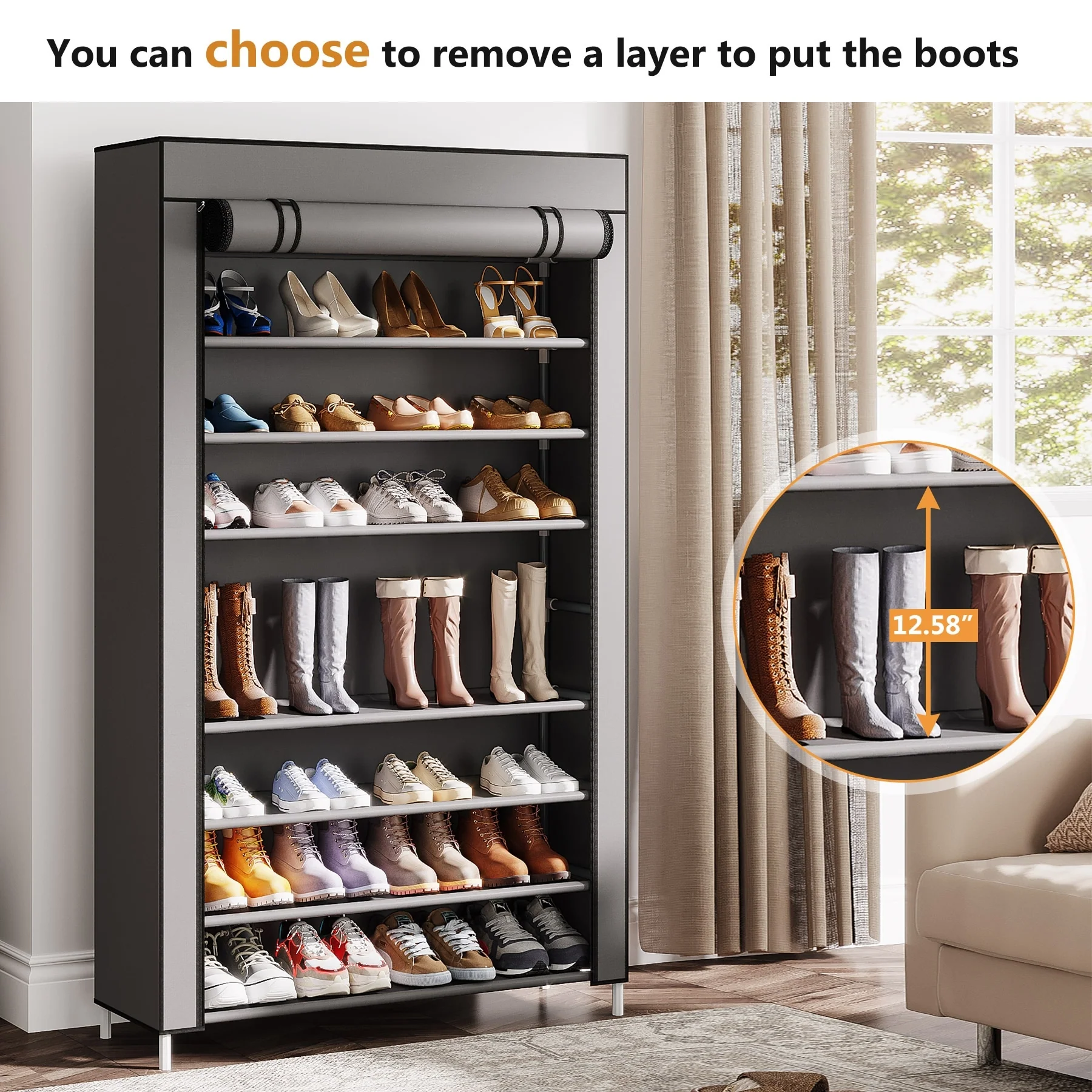 9-Tier Tall Shoe Shelf Stand Rack Organizer with Non-woven Fabric Cover - 10-tier