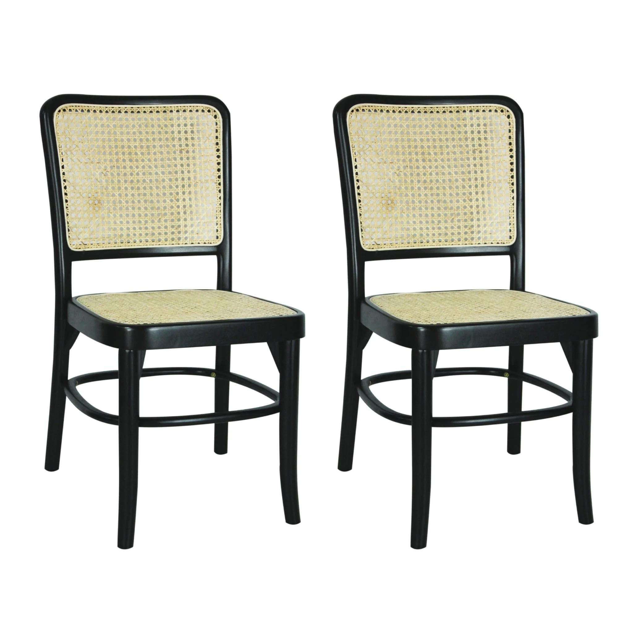 Colmar Mid-Century Vintage Wood Rattan Dining Chair, Black/Natural (Set of 2)