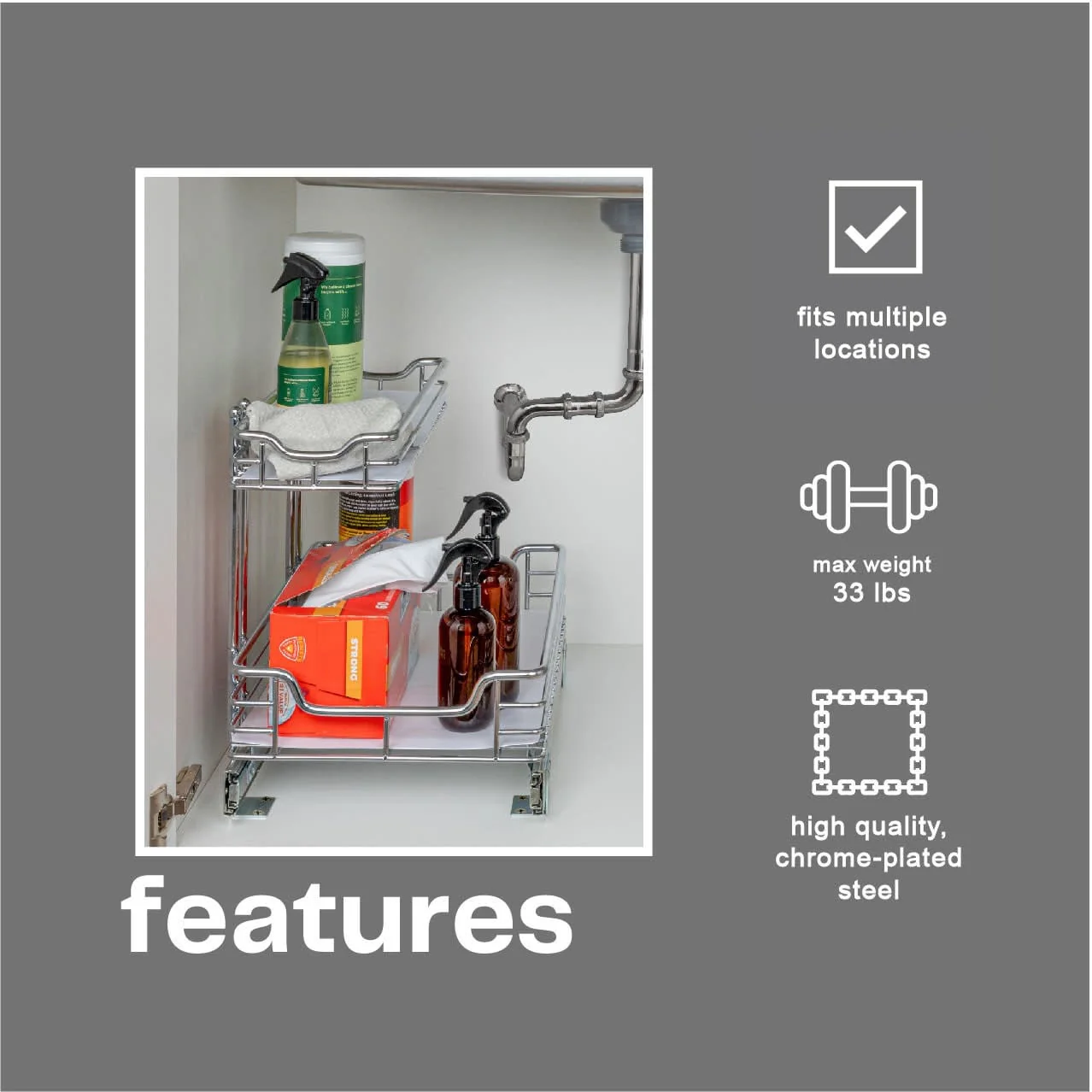 Household Essentials 2-Tier Steel Pull-Out/Slide-Out Storage Organizer with Plastic Liners