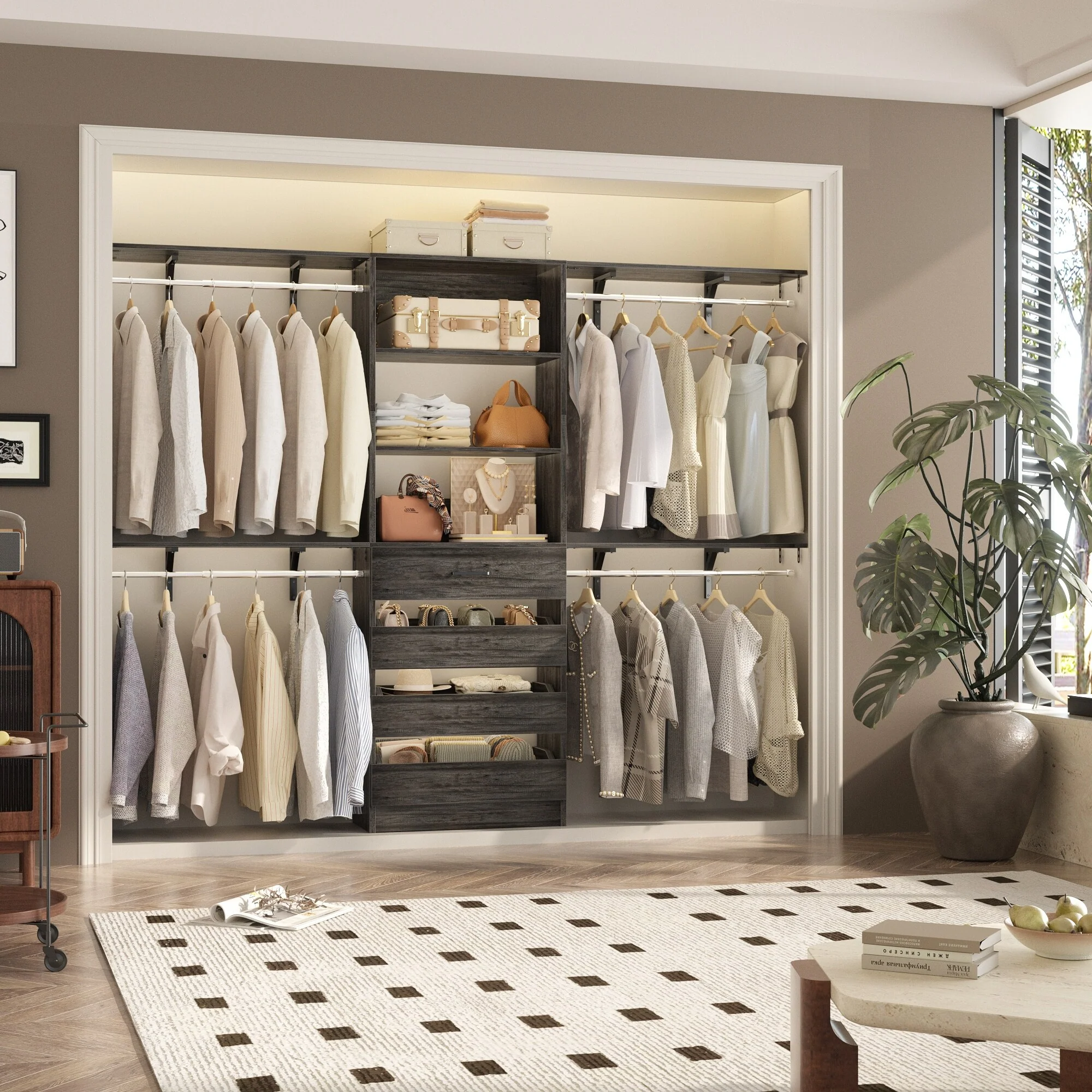 Rackcog 96'' Closet System with 4 Drawers and 4 Hanging Rods, 8FT Wood Closet Organizer for Walk-in Closet