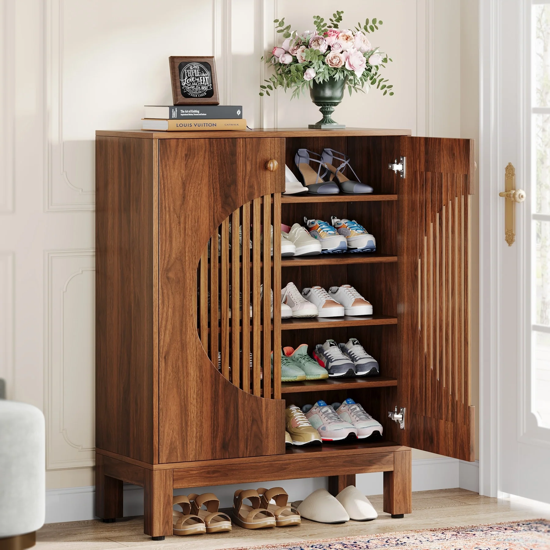 5-Tier Shoe Cabinet with Doors, Wood Shoe Storage Cabinet for Entryway
