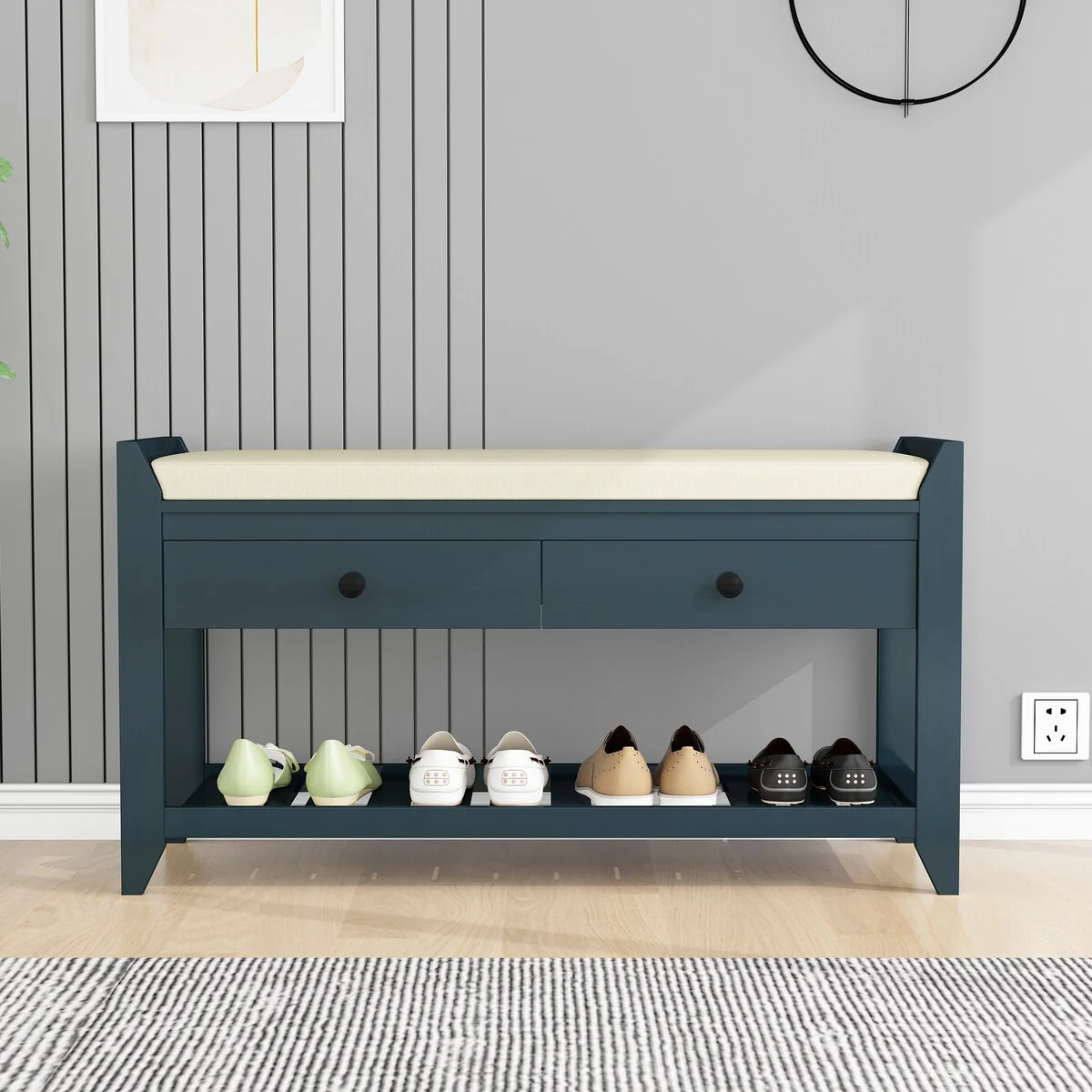 Entryway Storage Shoe Rack Bench with Cushioned Seat and Drawers