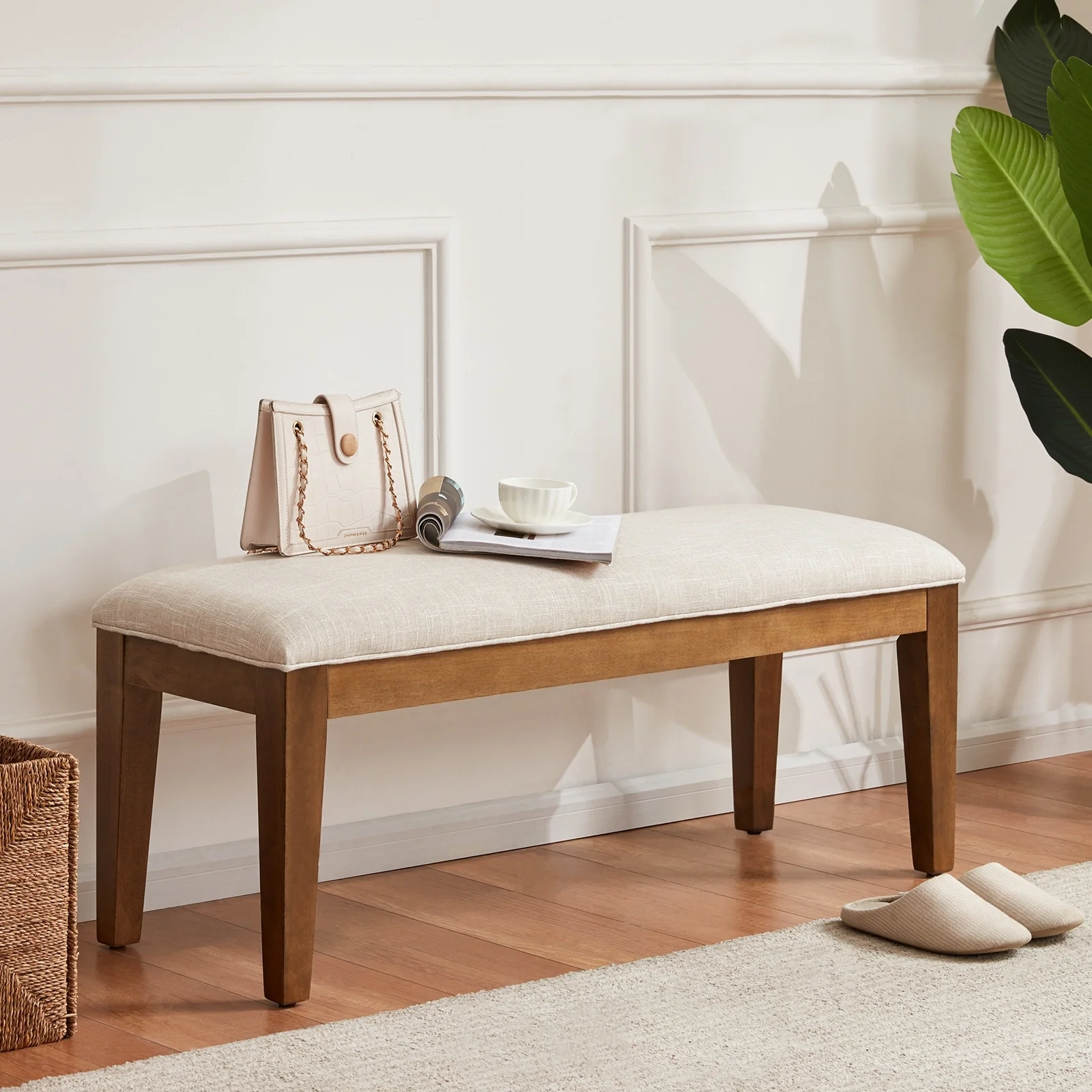 Upholstered Fabric Entryway Bench, Bedroom Bench for End of Bed Beige, Solid Wood 44-inch