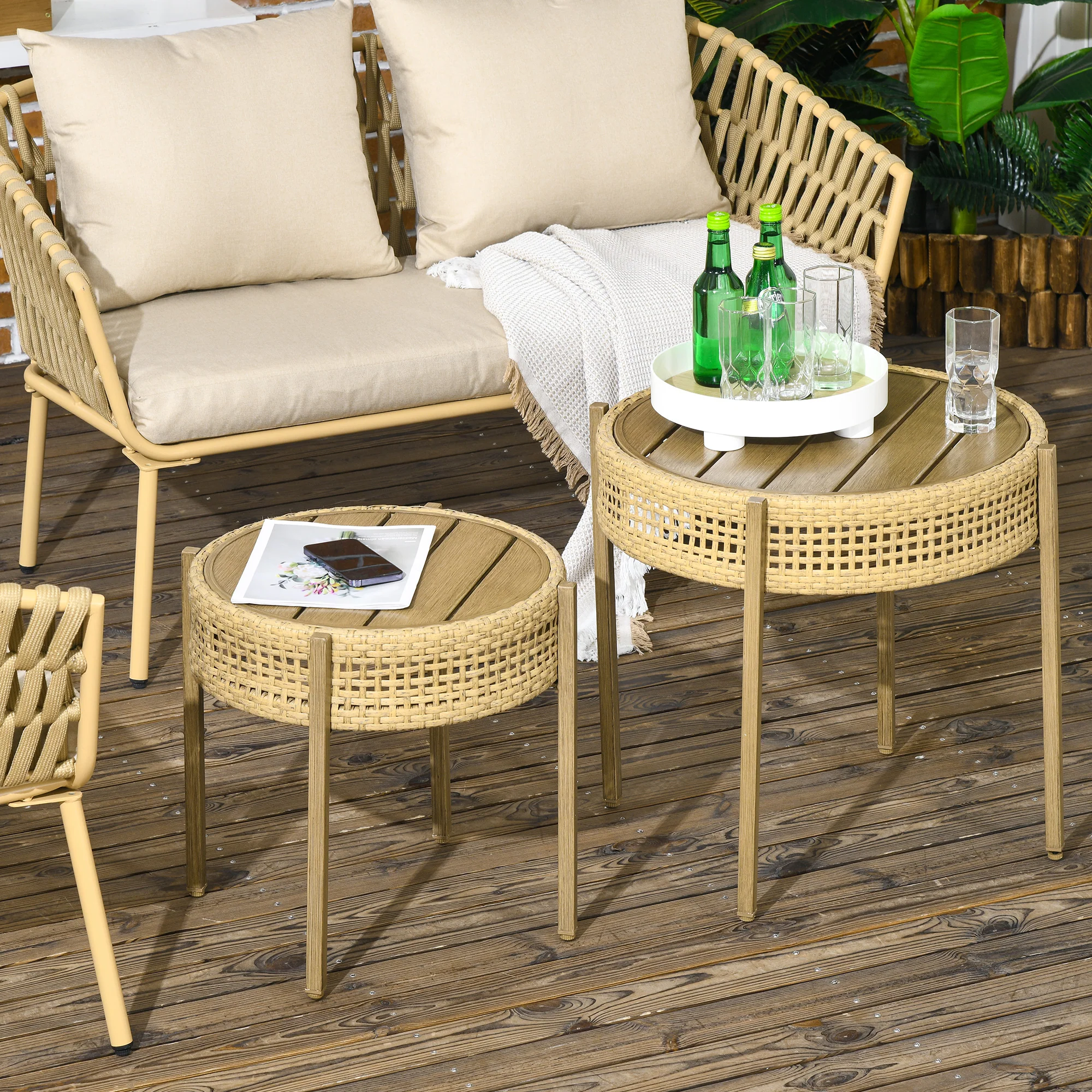 2-Piece Outdoor Rattan Round Table with Metal Frame