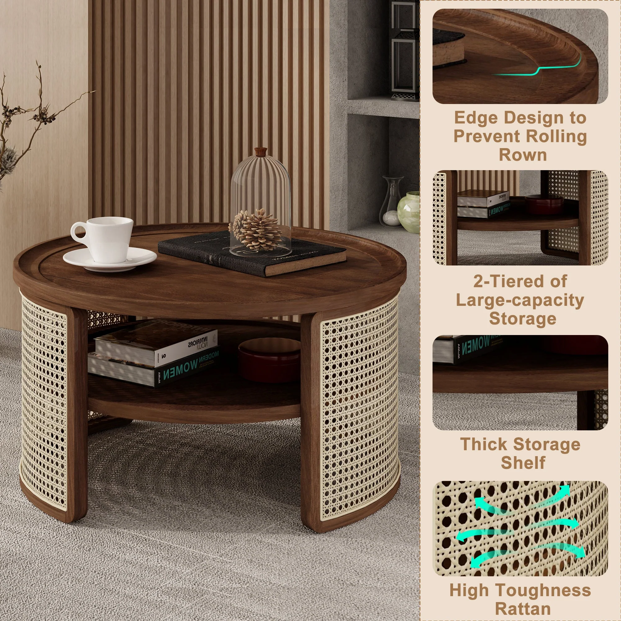 Wintered 2-Tiered Coffee Table with Rattan Base and Curved Edge Design