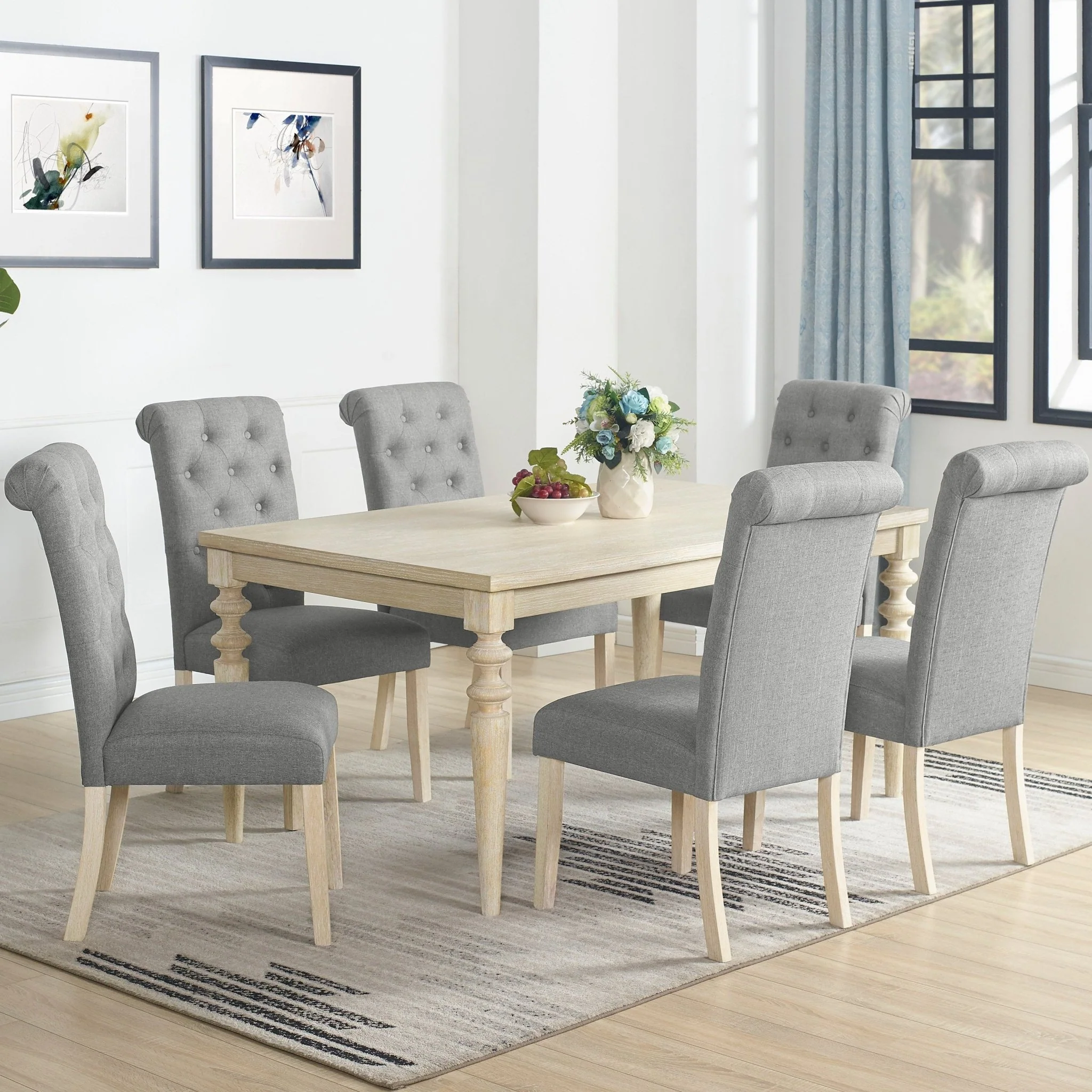 Driva 7-Piece Dining Set with Turned-Leg Table and 6 Tufted Chairs