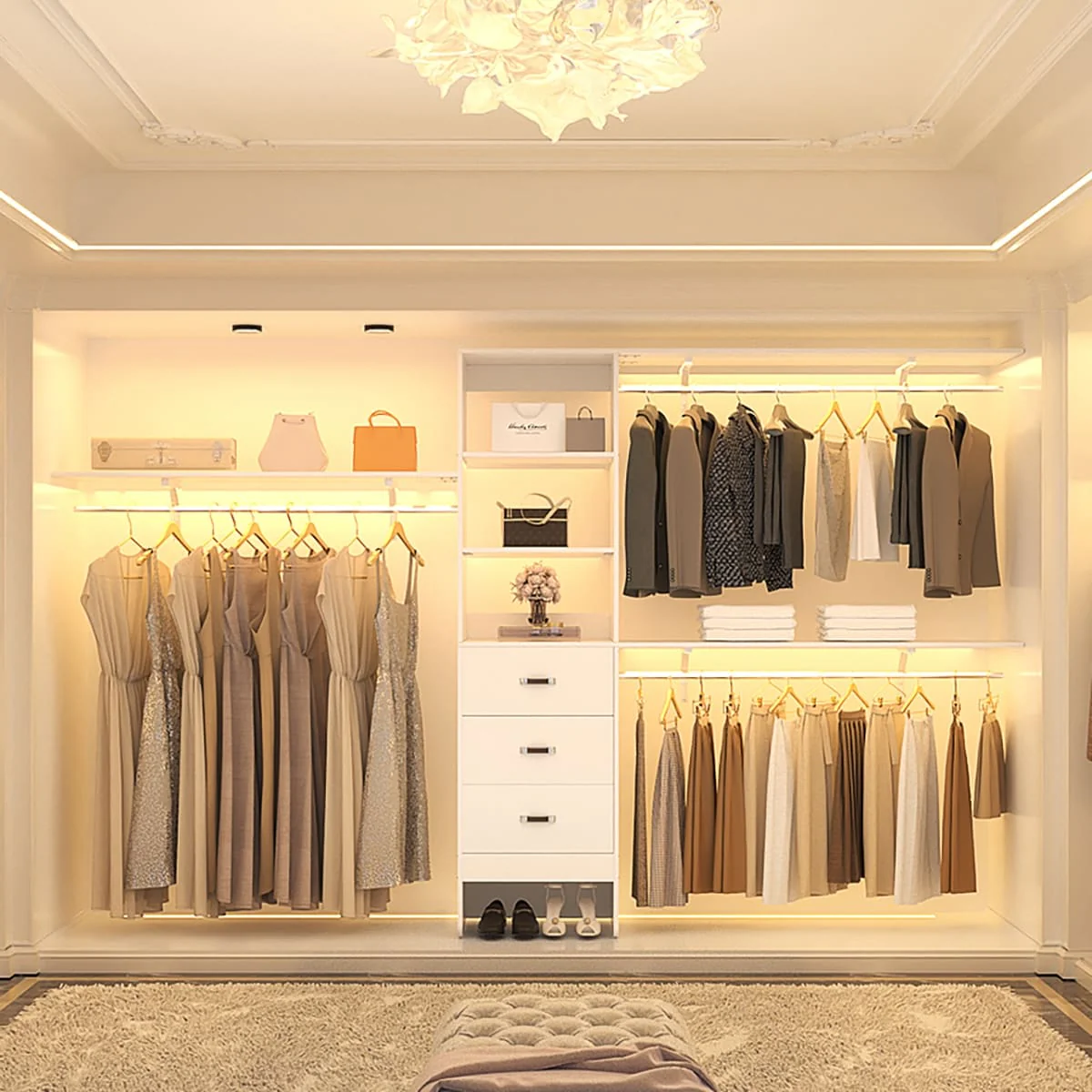 Rackcog 120'' Closet Organizer with Drawers, Closet System with DIY Shelves for Reach-in and Walk-in Closet