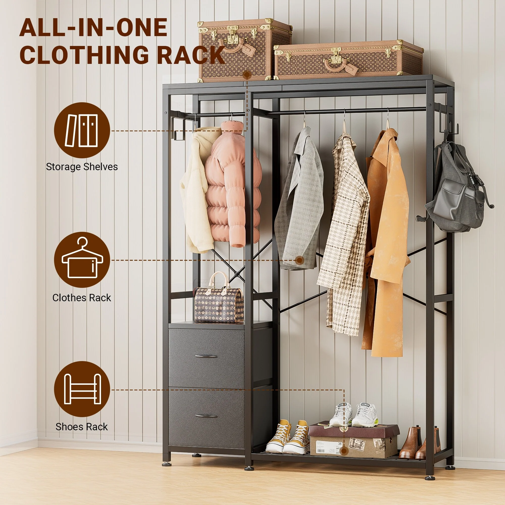 Clothes Rack, Closet Organizer with Storage Shelves, Hanging Bar, Drawers - 47.24