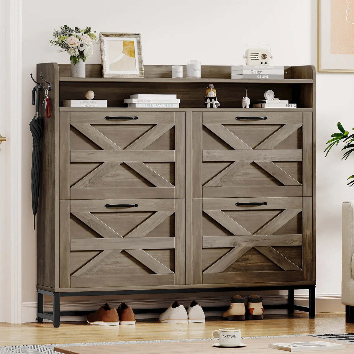 Moasis Farmhouse Flip Shoe Cabinet Shoe Storage Cabinet with 4 Flip Doors Adjustable Shelf - 47.2