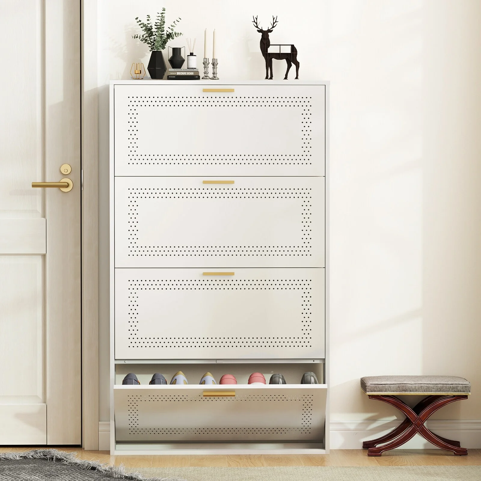 Metal Shoe Storage Cabinet with 3/4 Flip Drawers, Breathable & Space Saving