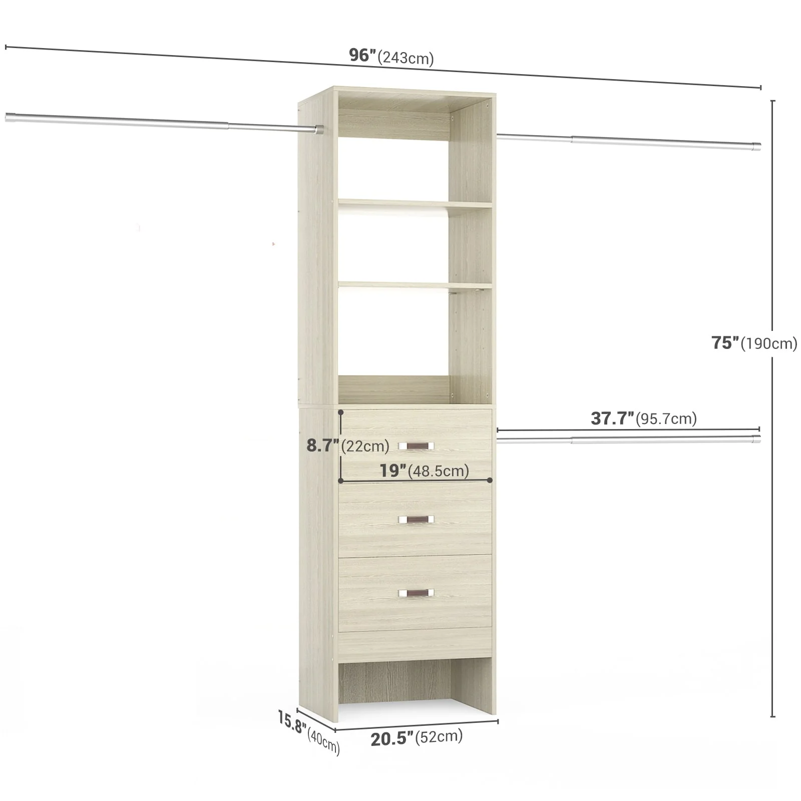 20.5-96'' W Closet Organizer System with Extendable Hanging Rods and Drawers and Tower Shelves