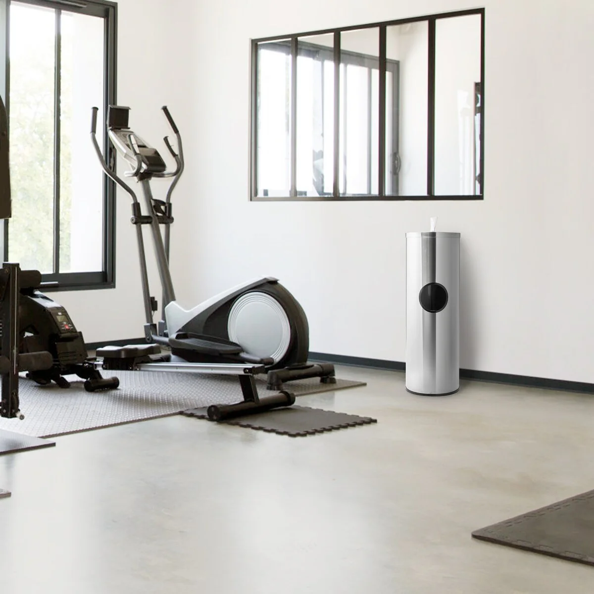 Sleek Gym Wipe Stand with Integrated Waste Receptacle