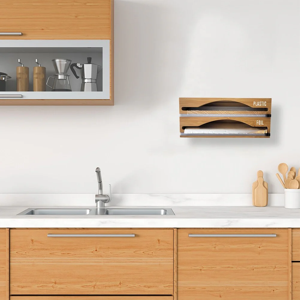 Luxe Bamboo Plastic Wrap/Wax Paper/Aluminum Foil Dispenser for Drawer or Wall Mountable - Cling Wrap / Tin Foil Kitchen Holder