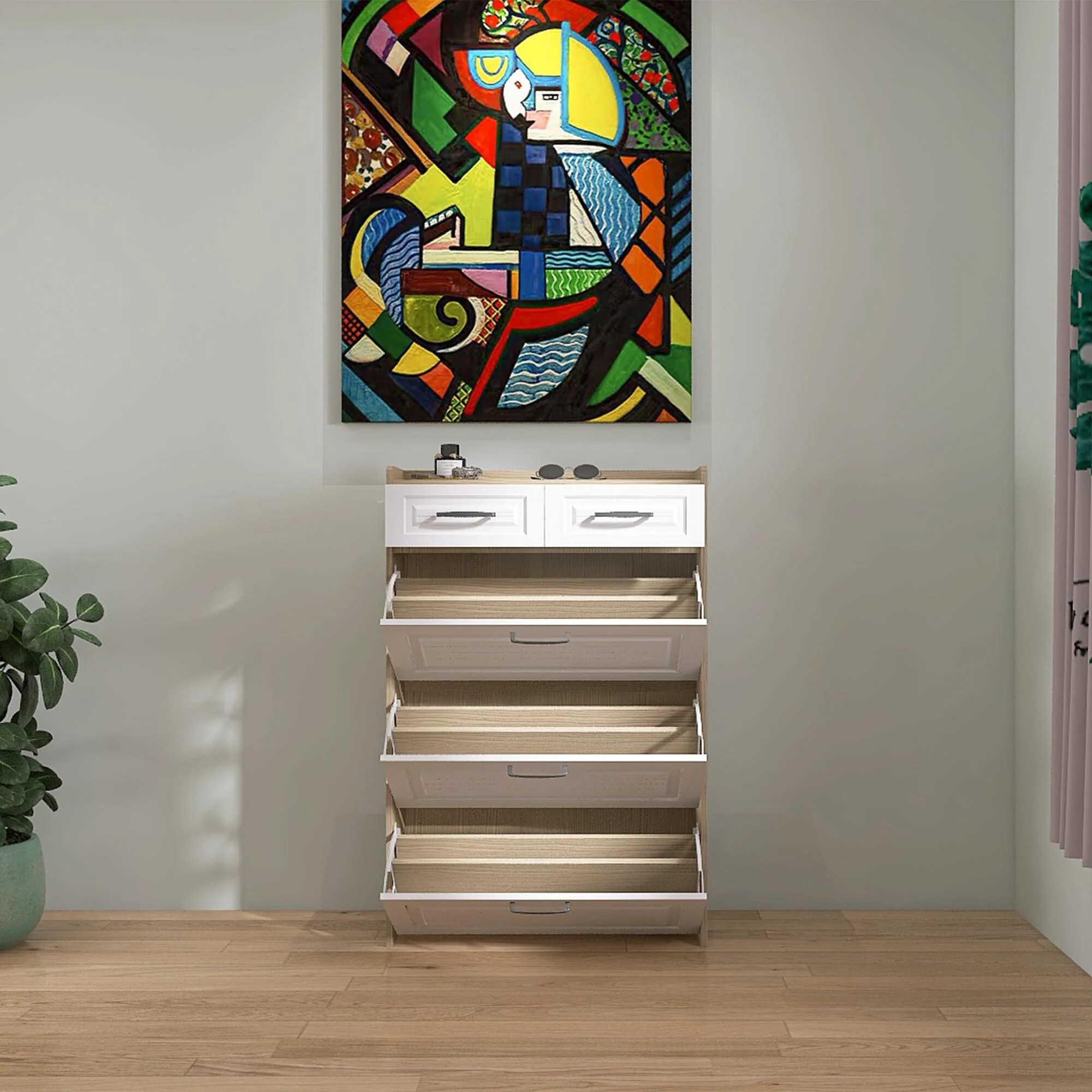 Versatile White Oak Shoe Cabinet with PVC Shaped Door and Spacious Storage
