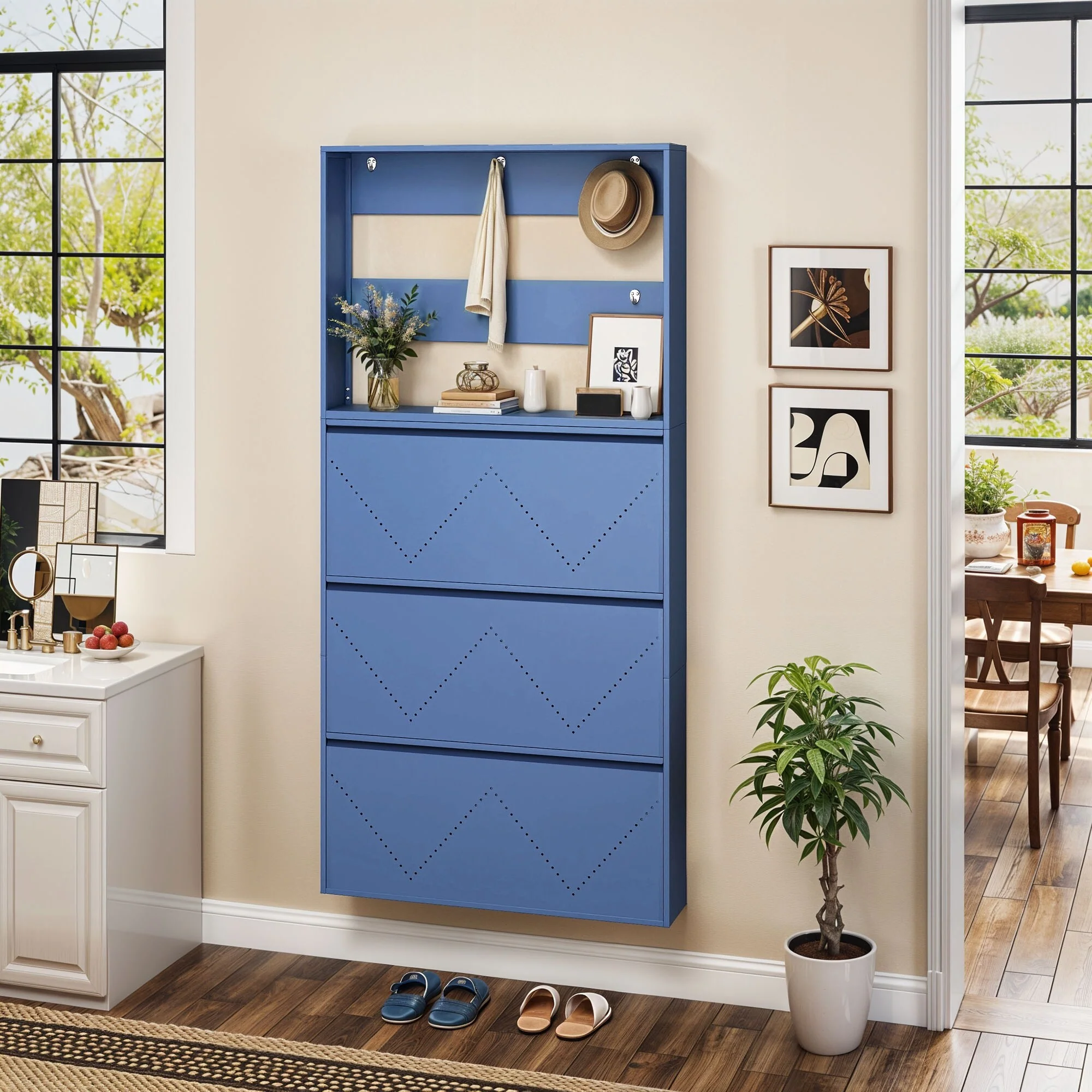 Moasis Wall-Mounted Shoe Cabinet with 3 Flip Drawers, Shoe Organizer with Hanging Bars and Hooks