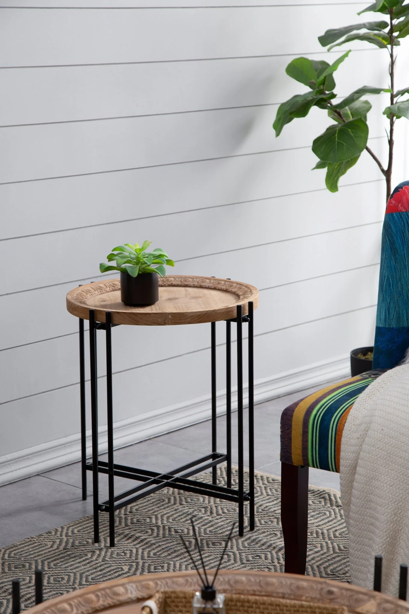 Side Table with Wooden Top and Metal Legs