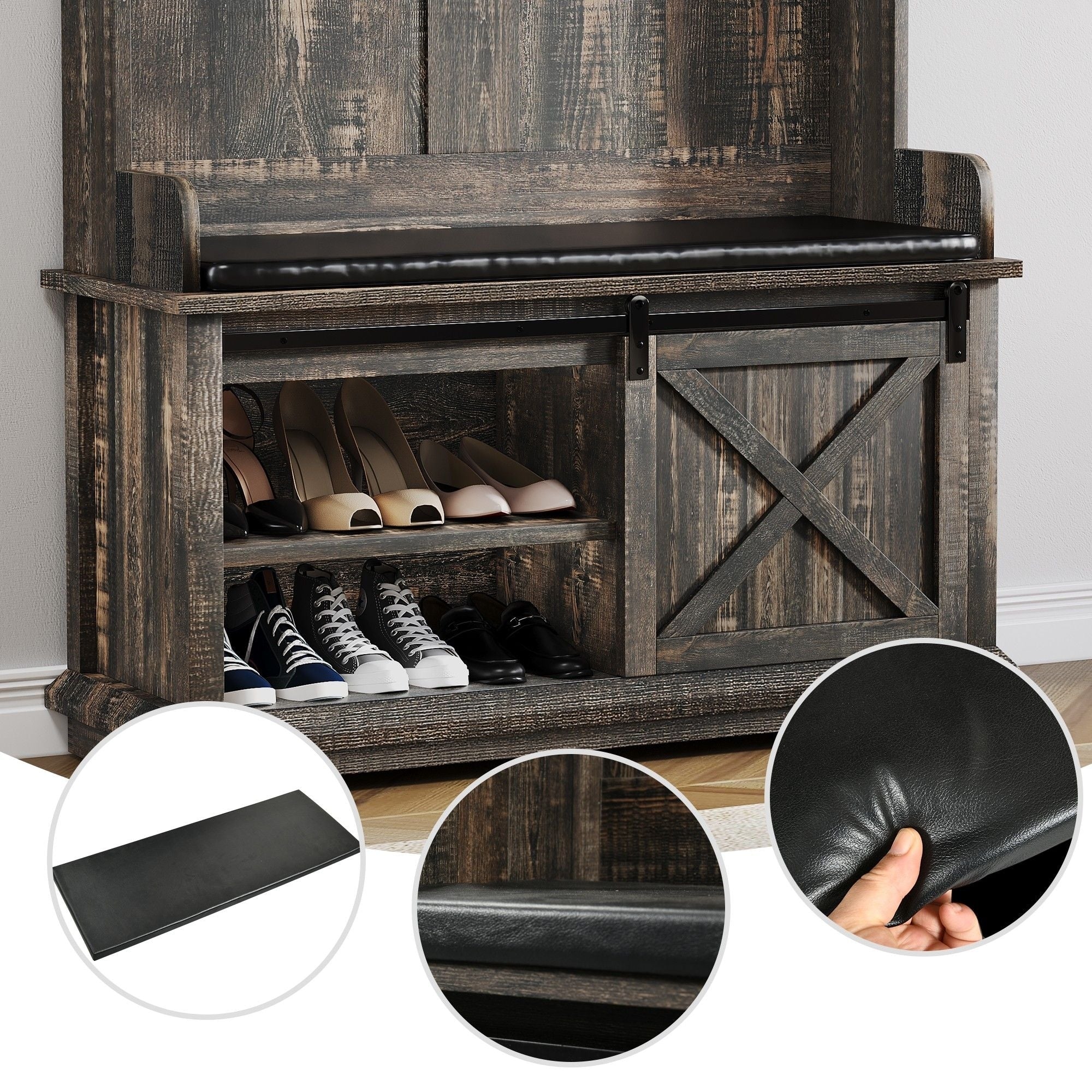 Moasis Farmhouse Hall Tree with Bench and Shoe Storage with 10 Hooks for Entryway