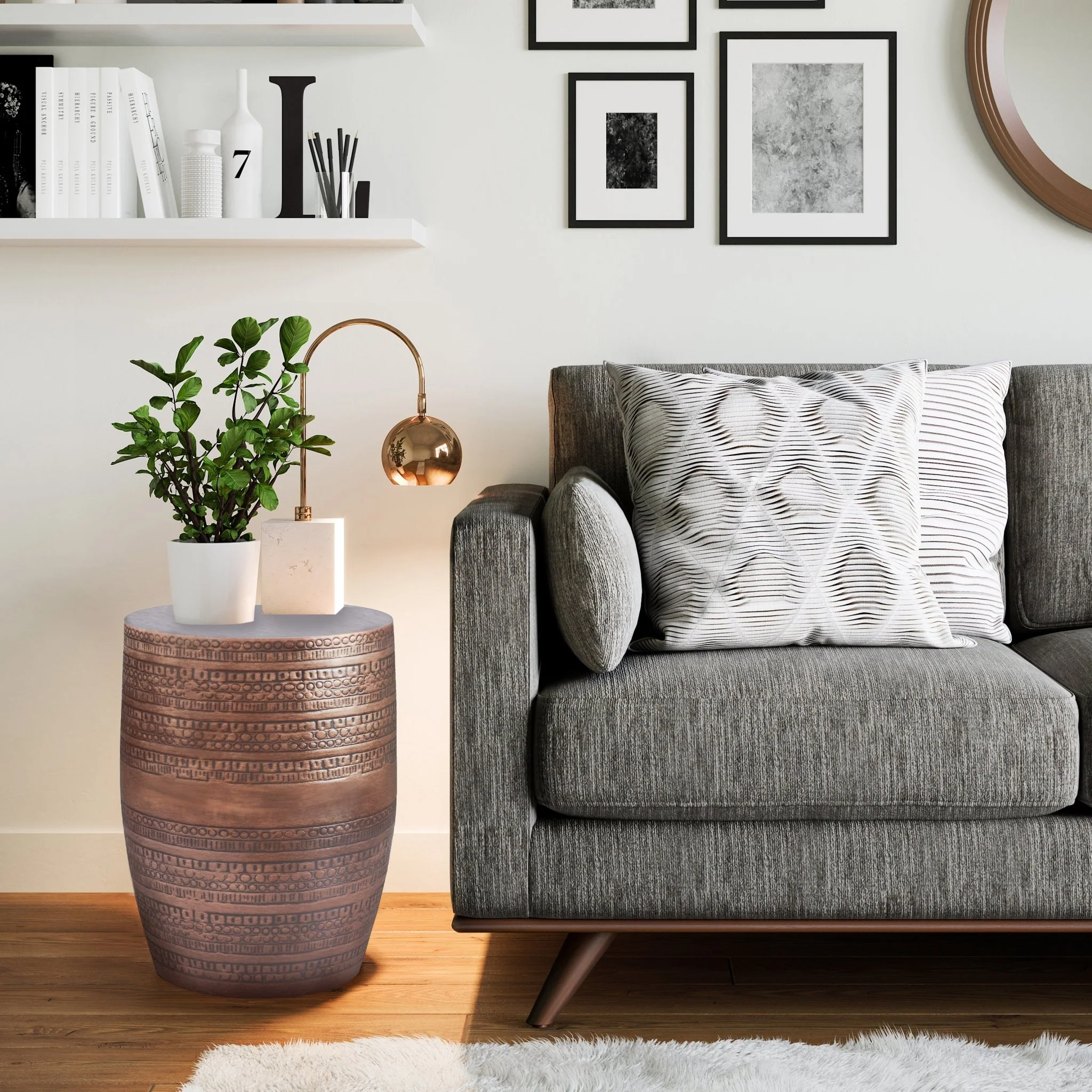 Heights Solid Metal Drum-Shaped Accent Table with Distinctive Texture