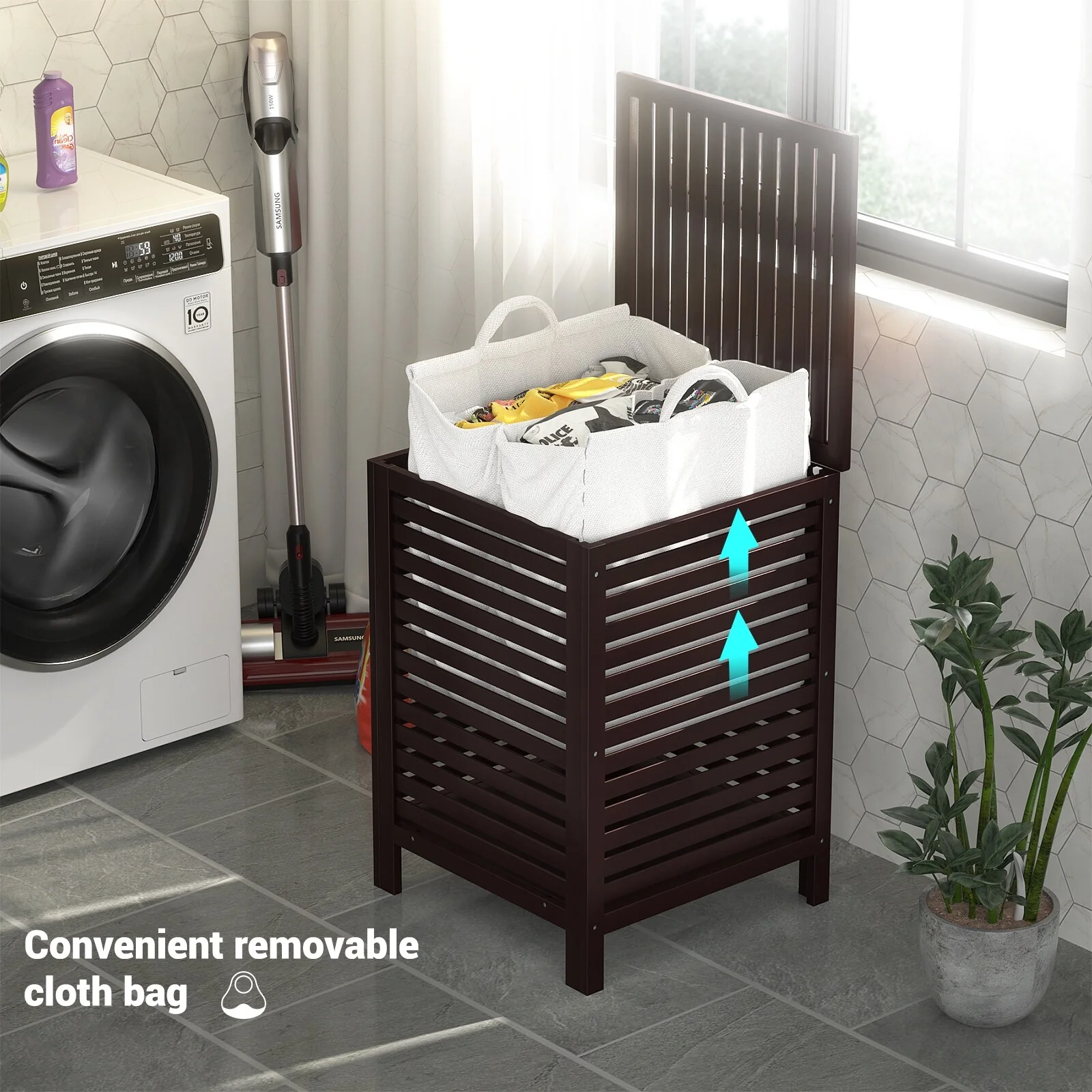 Bamboo 2-Section Laundry Hamper, 120L Large Laundry Basket with Lid and Removable Liner Bag
