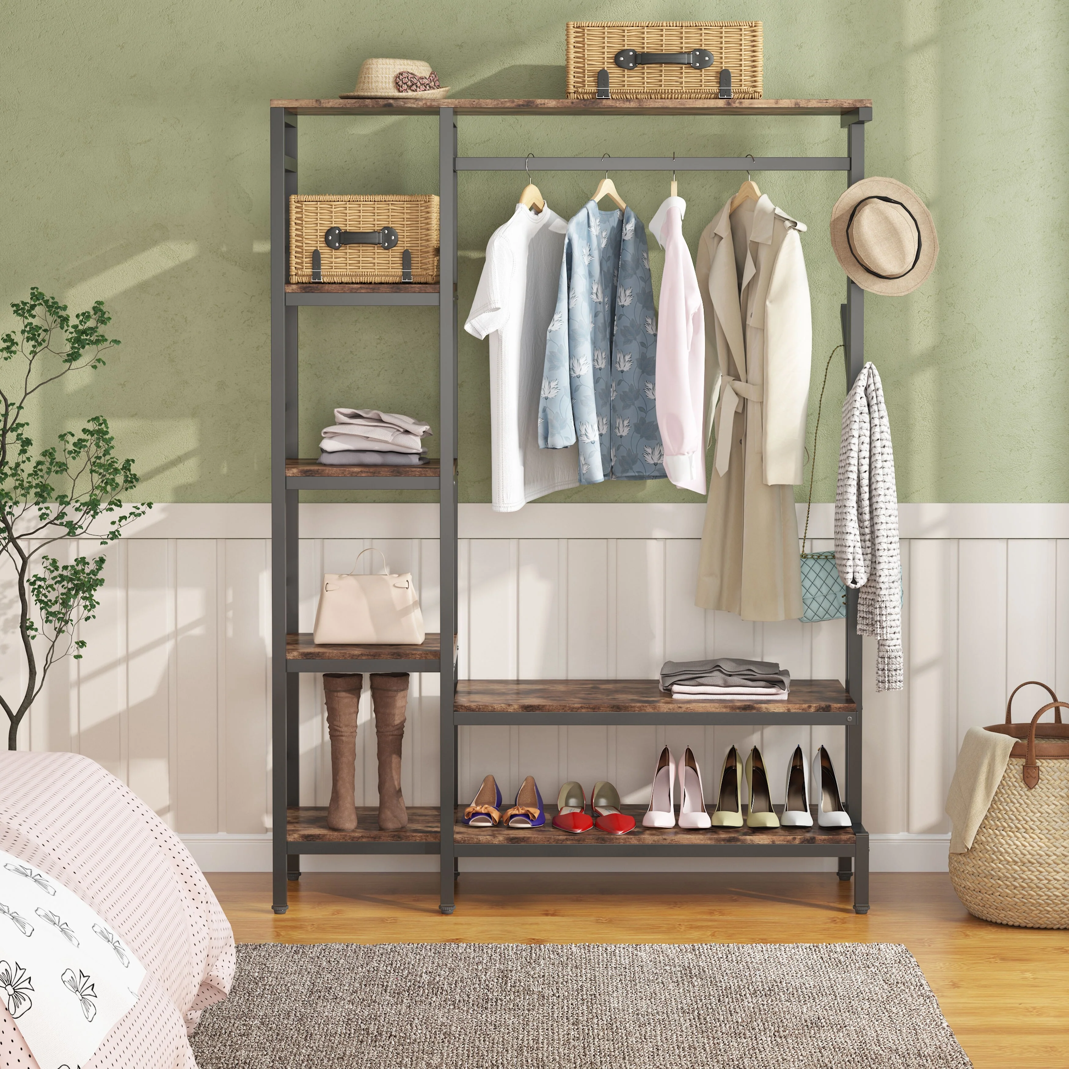 Free-standing Closet Organizer with Hooks, Garment Rack, Coat Rack with Shoe Bench