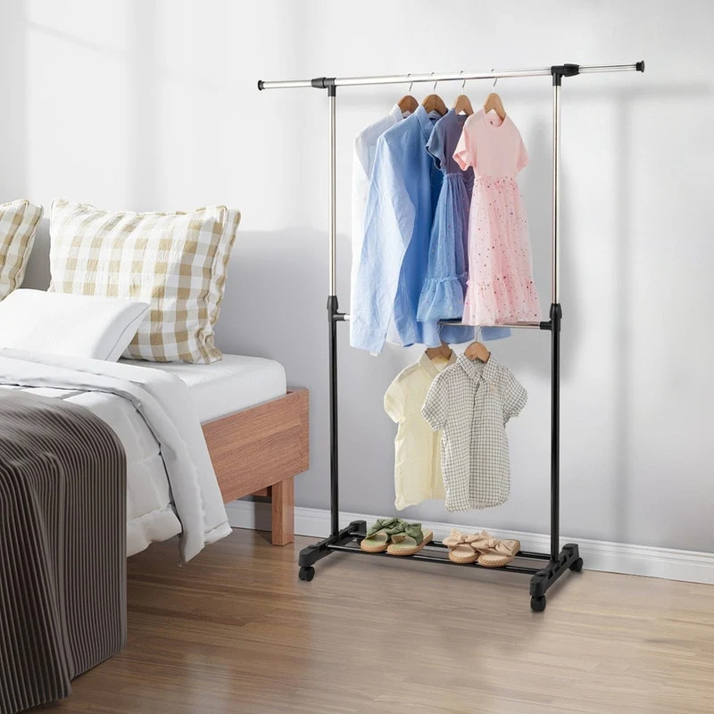 Single/Dual-bar Vertical & Horizontal Stretching Stand Clothes Rack with Shoe Shelf