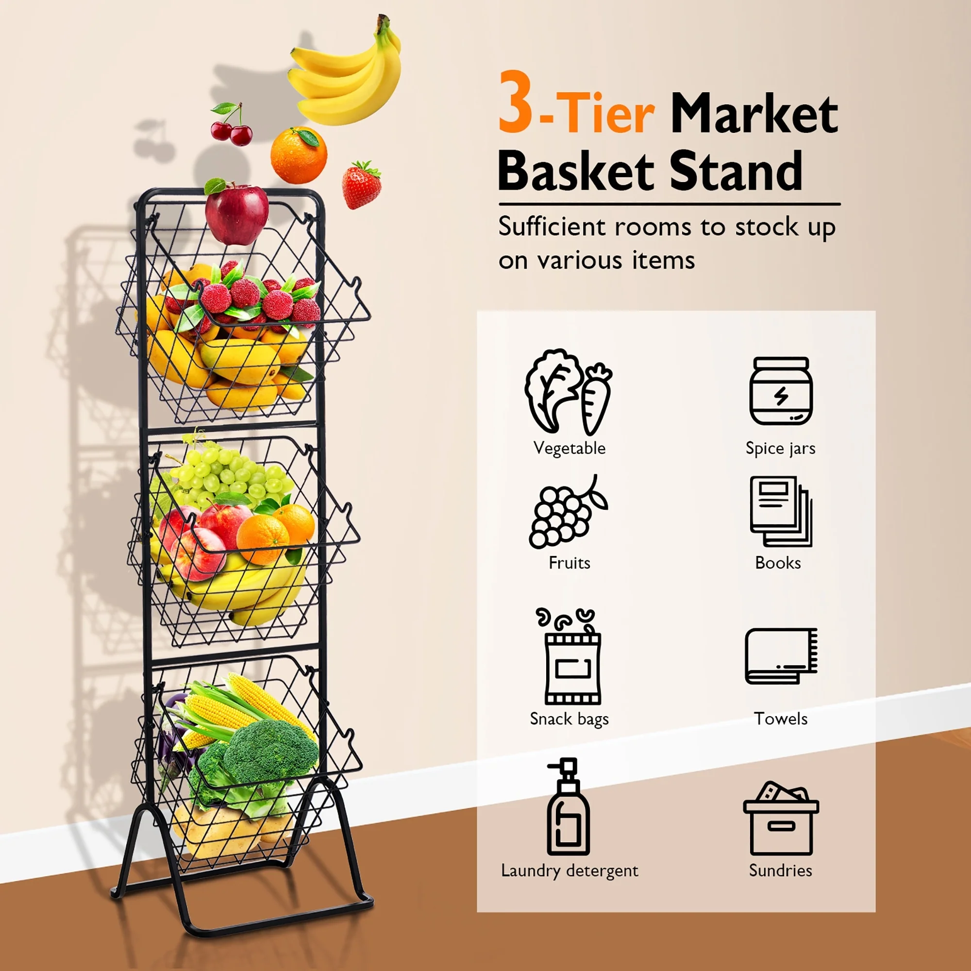 Costway 3-Tier Wire Fruit Basket Stand Kitchen Snack Vegetable Storage - See Details
