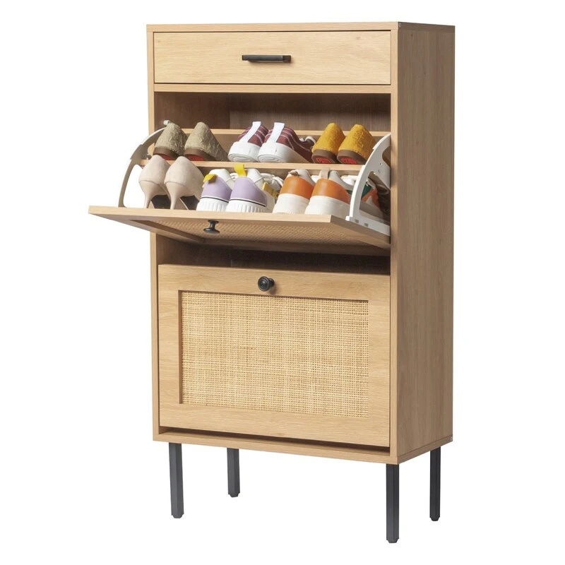Real Rattan Shoe Cabinet with 2 Flip Drawers & 1 Small Drawer