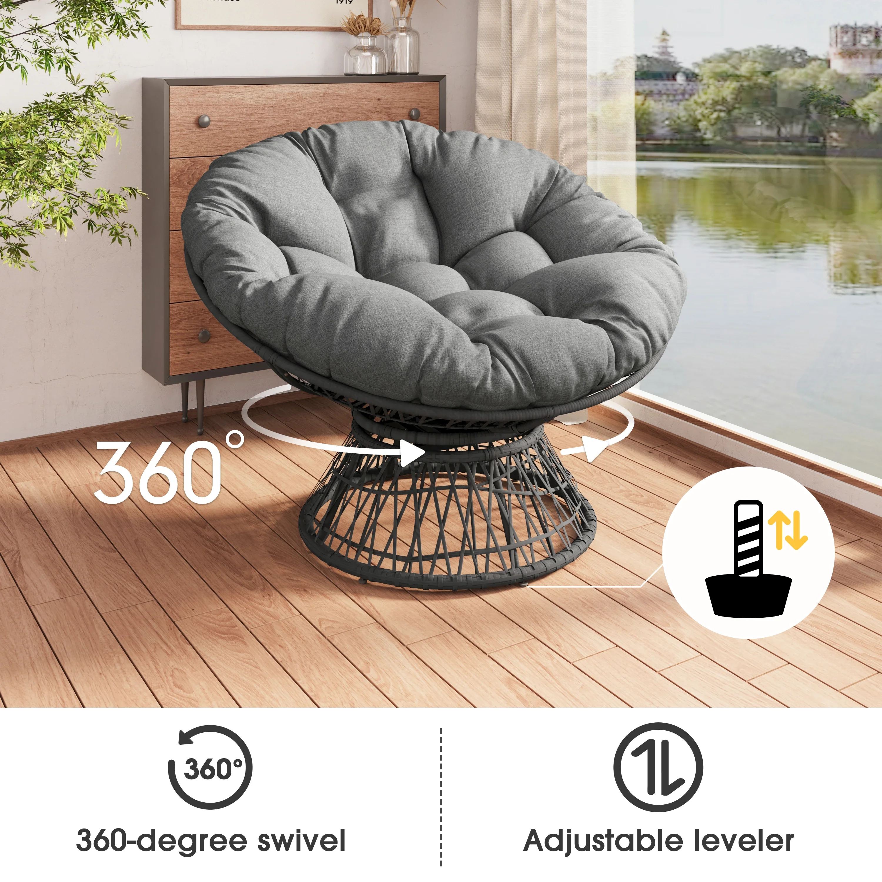 Papasan Wicker Chair with Fabric Cushion and 360 Degree Swivel