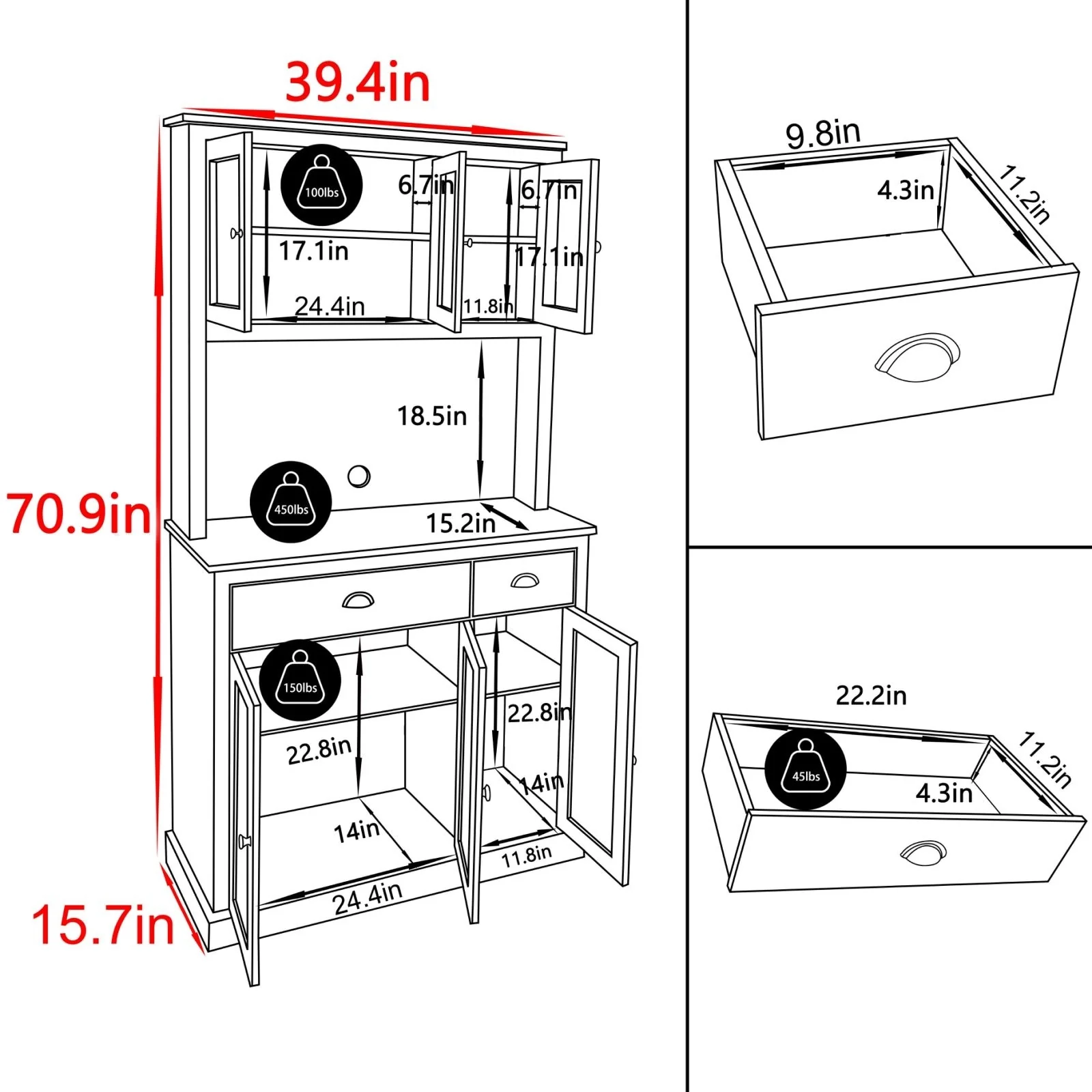 VEIKOUS Kitchen Pantry Storage Cabinet Cupboard with Framed Glass Door and Drawer