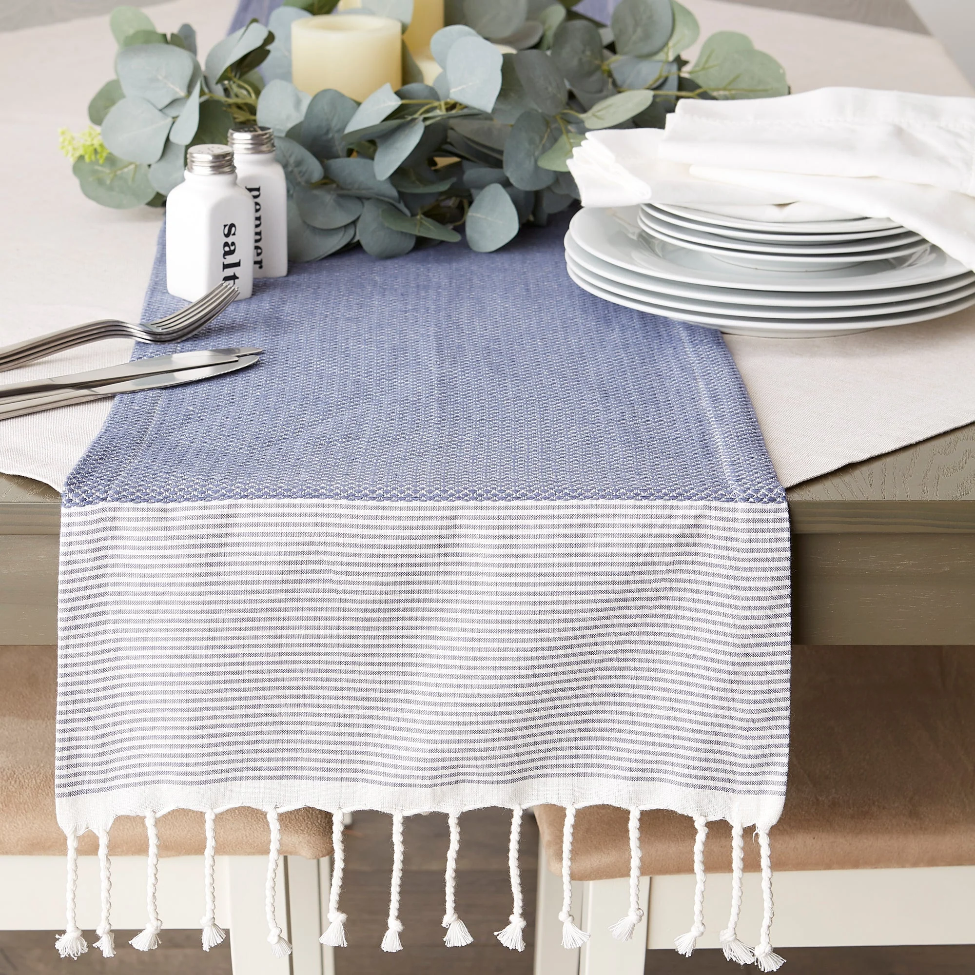 French Blue Bordered Dobby 15X108 Table Runner
