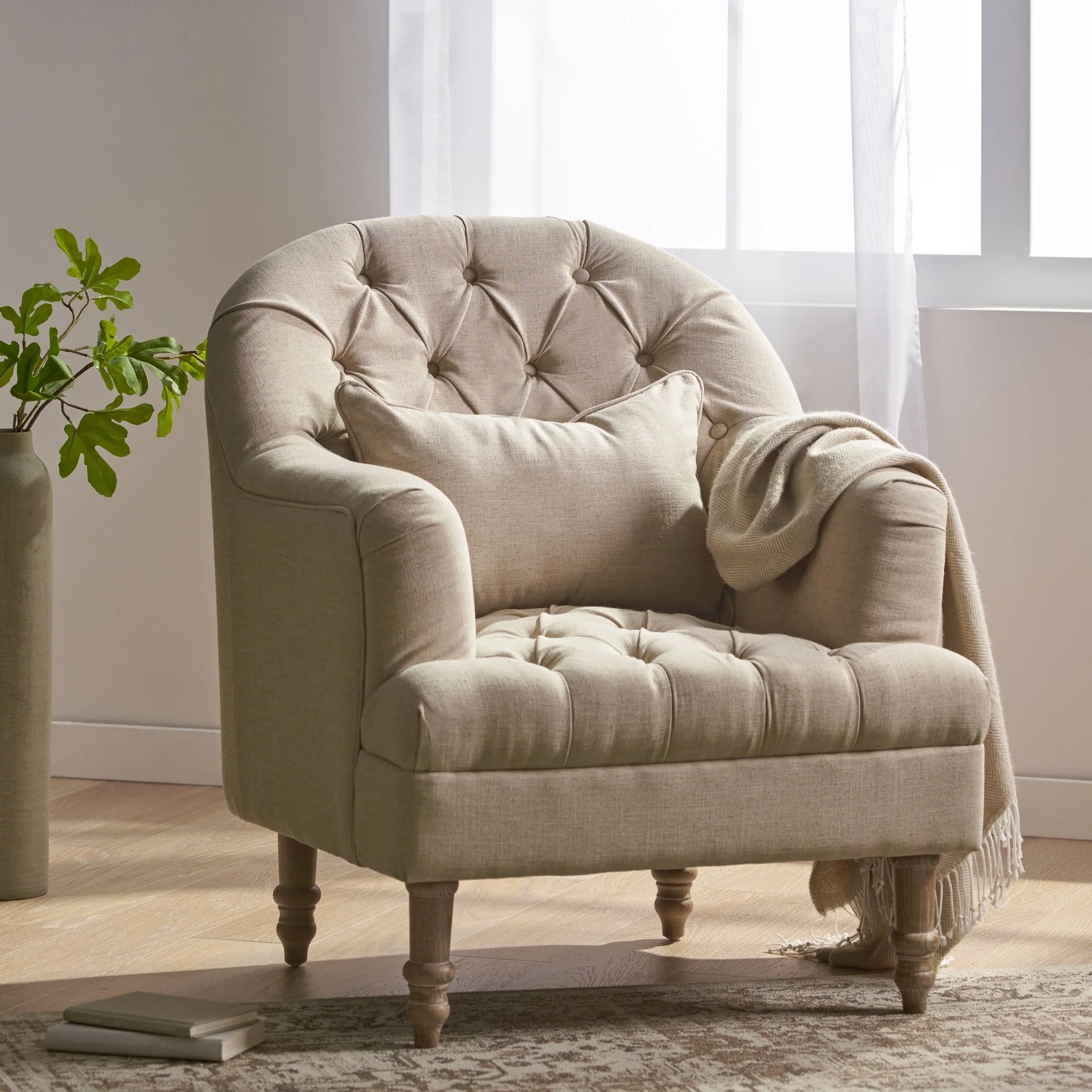 Button Tufted Accent Chair with Decorative Pillow