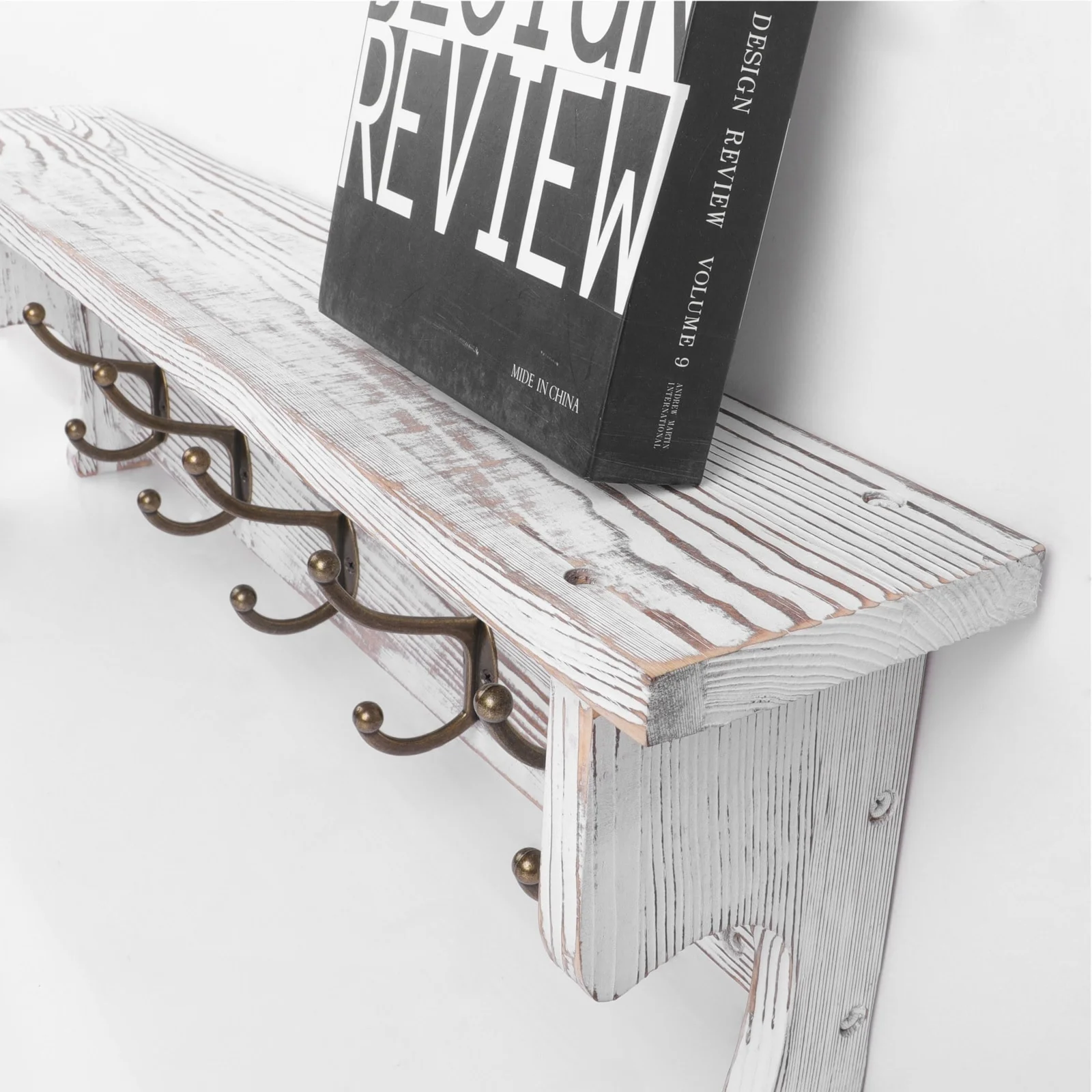 Rustic Wall Mounted Coat Rack with Storage Shelf & Metal Hooks