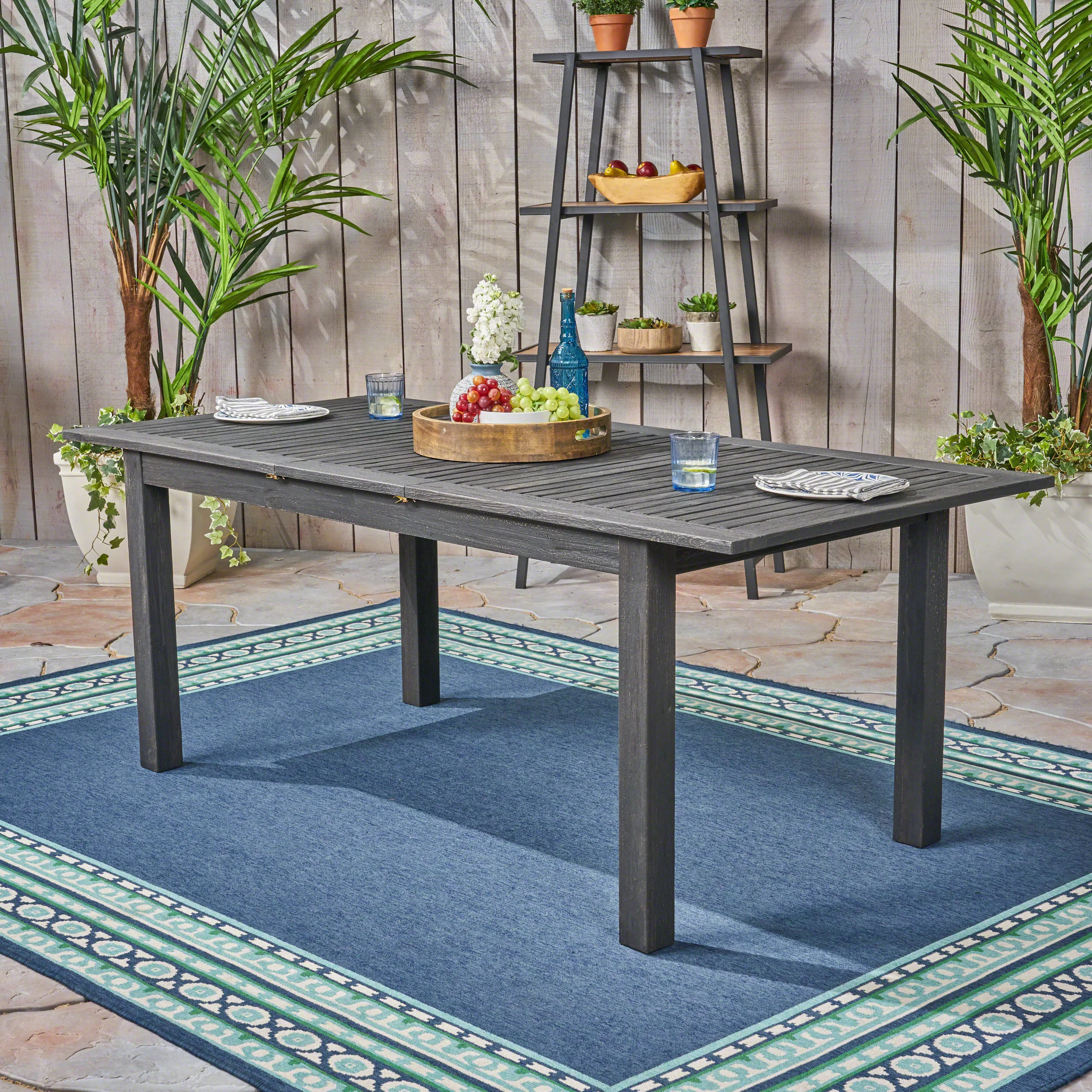 Outdoor Expandable Acacia Wood Dining Table, Dark Grey