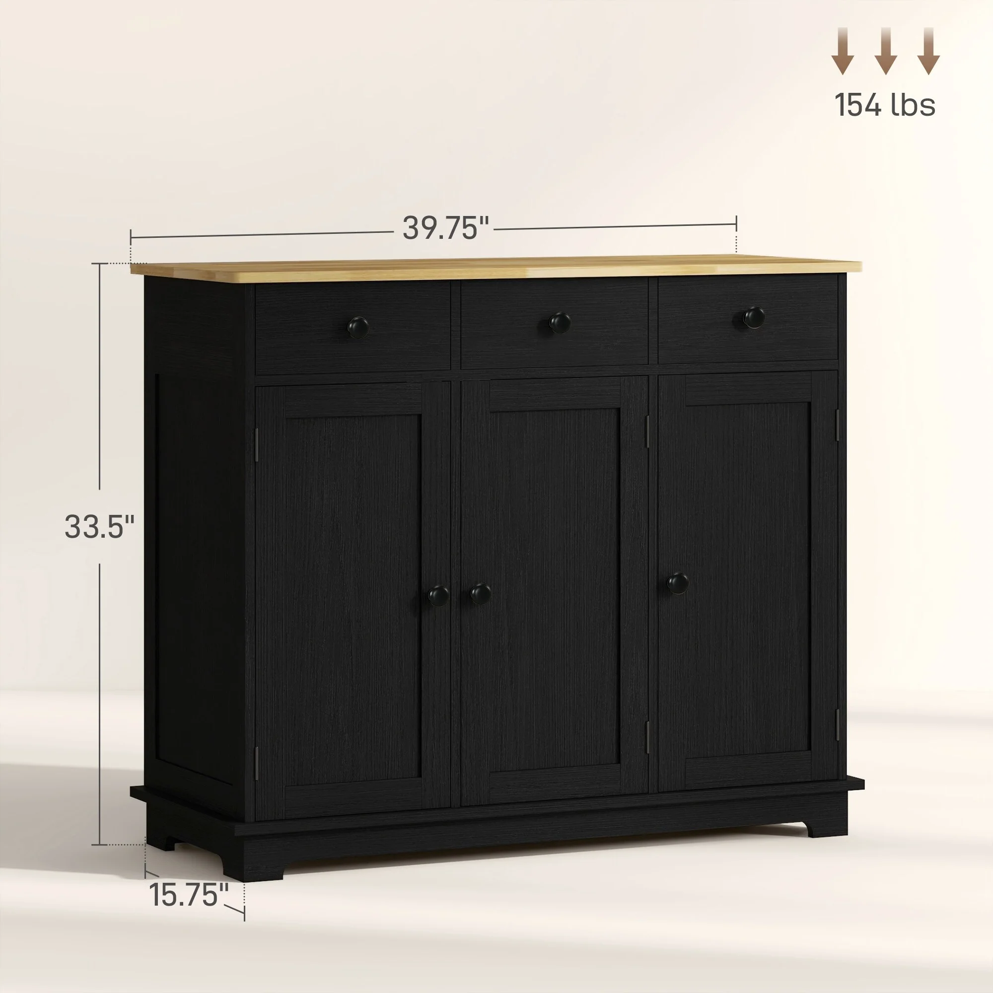 HOMCOM Sideboard with Solid Wood Countertop, Modern Kitchen Storage Cabinet, Coffee Bar Cabinet with 3 Drawers