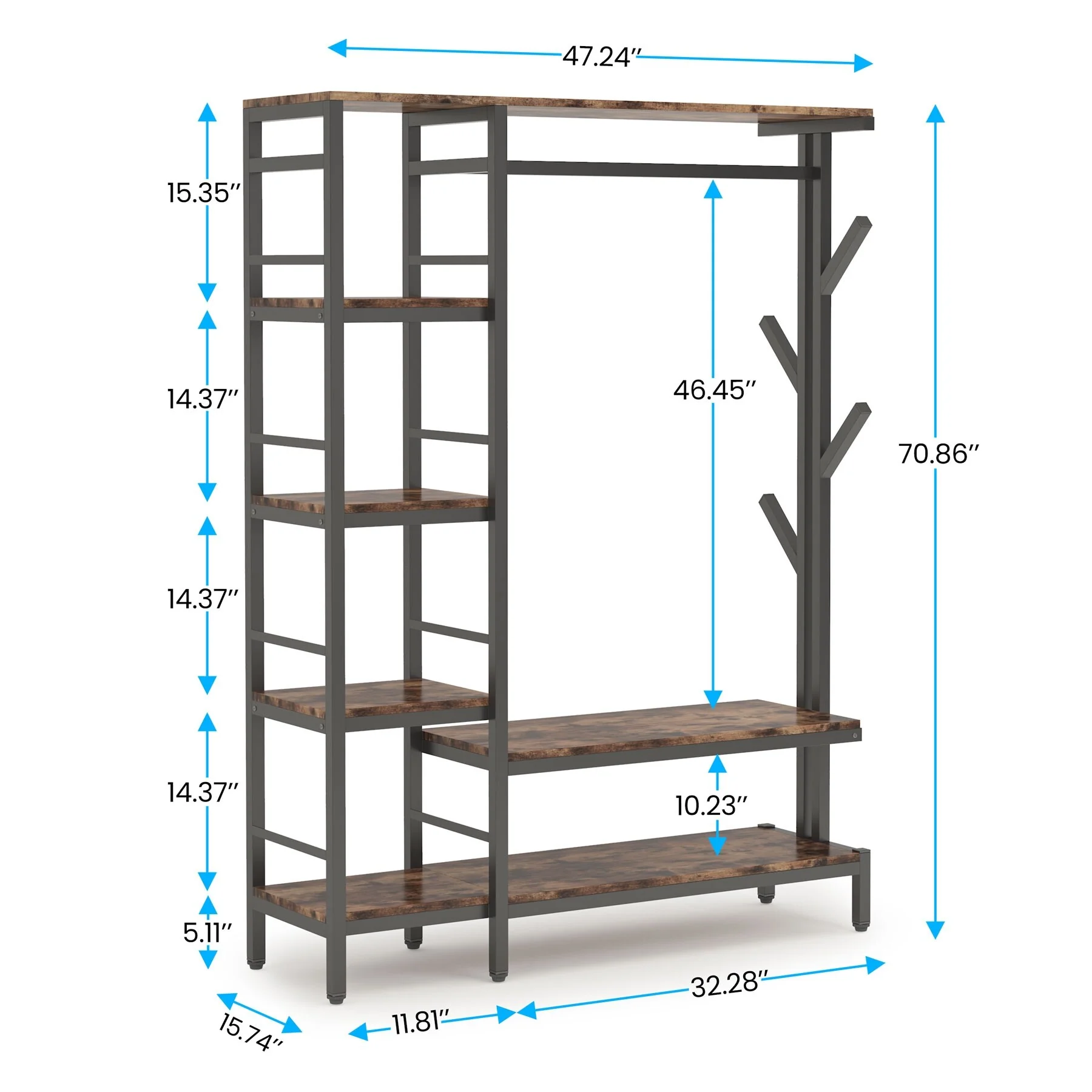 Free-standing Closet Organizer with Hooks, Garment Rack, Coat Rack with Shoe Bench