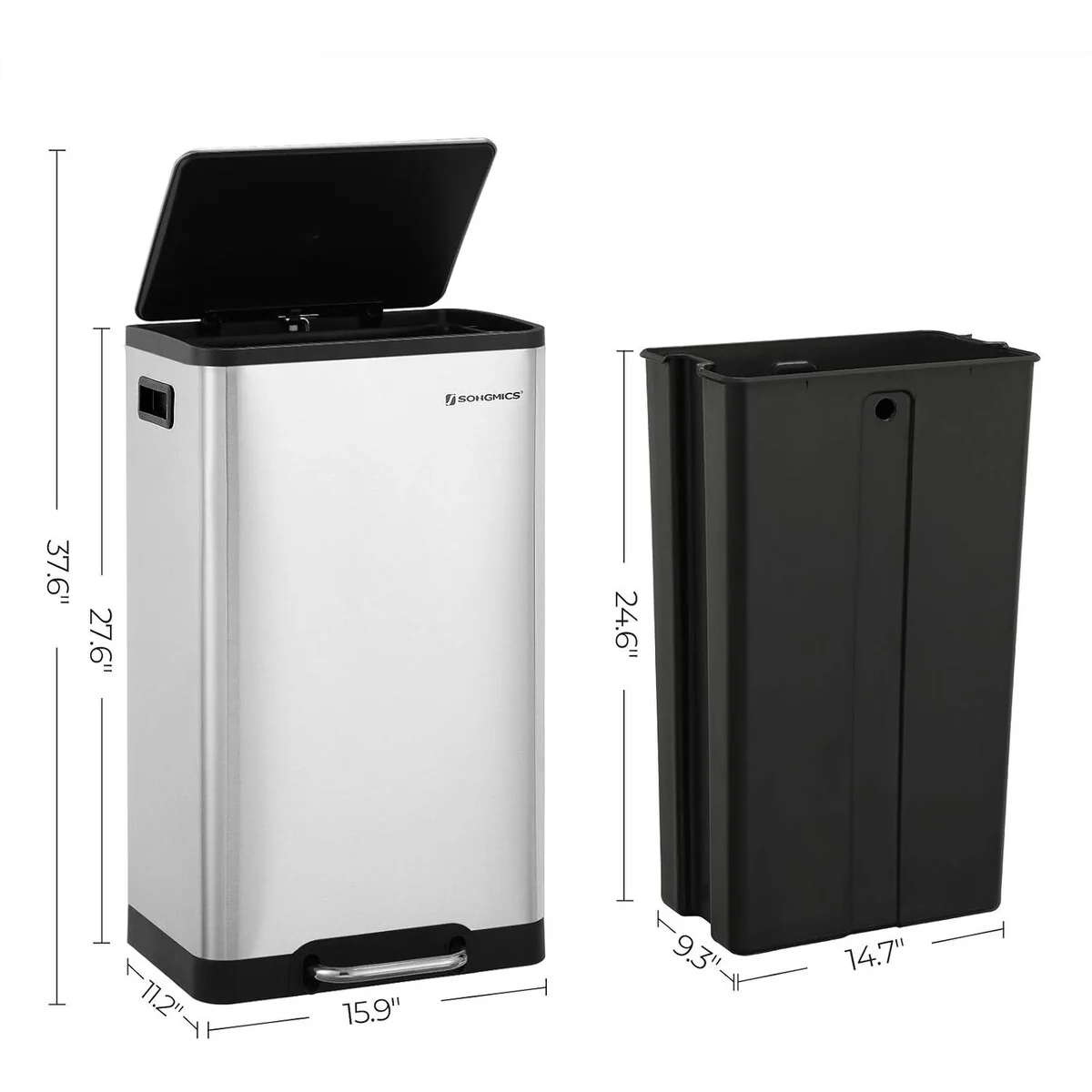 SONGMICS Trash Can, 12 Gallon Garbage Can, Stainless Steel, Silver