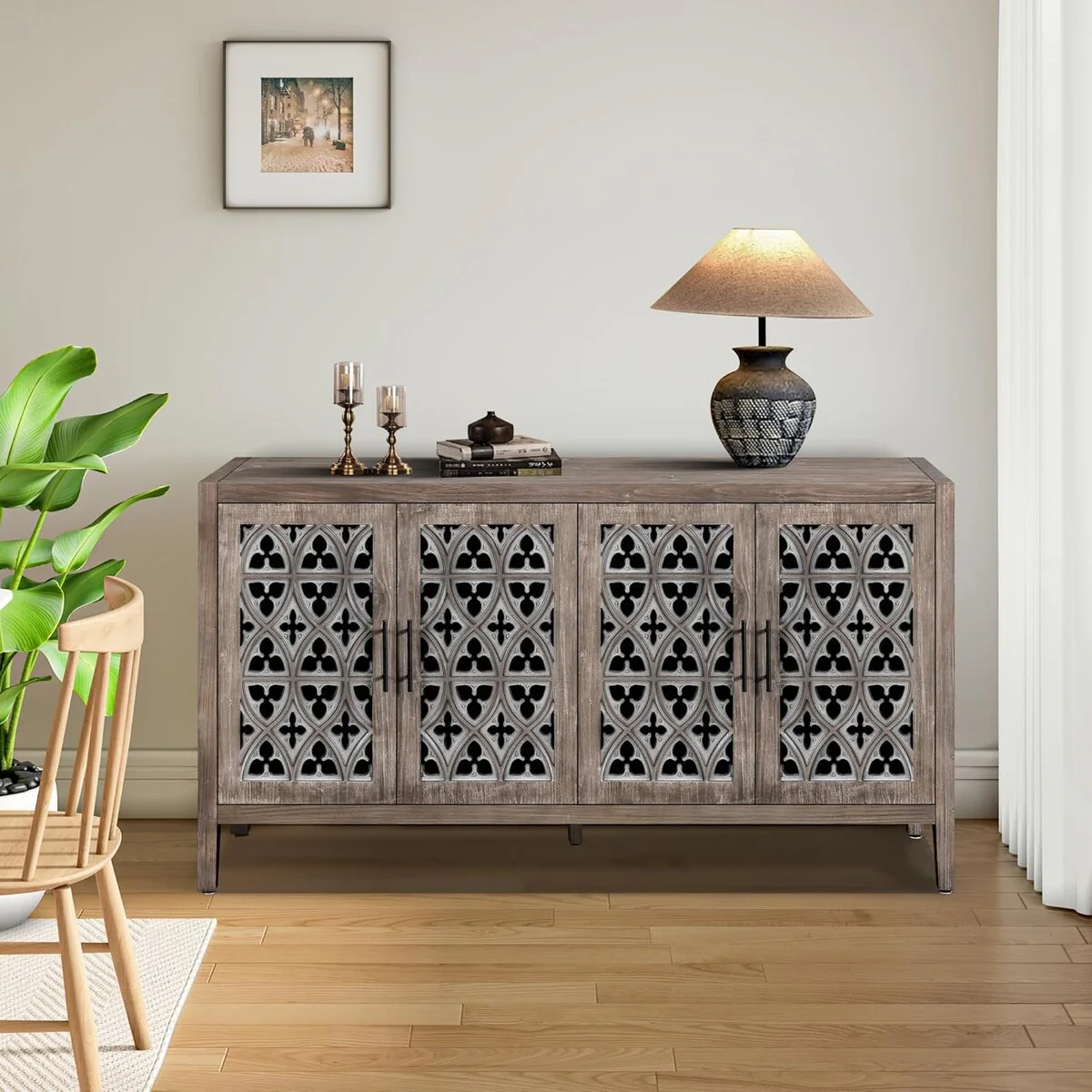 Roomfitters Hollow Four Door Antique Cabinet - American Country Style, Ideal for Living Room, TV Cabinet, Kitchen