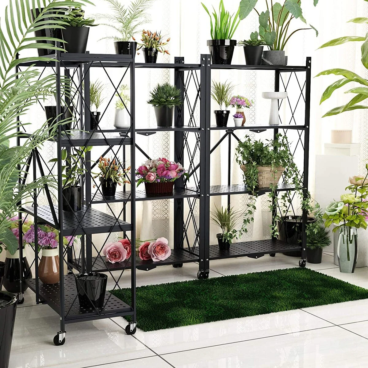 4-Tier Foldable Storage Shelving Unit, Heavy Duty Metal Shelf, Kitchen Shelf with 3 Hooks