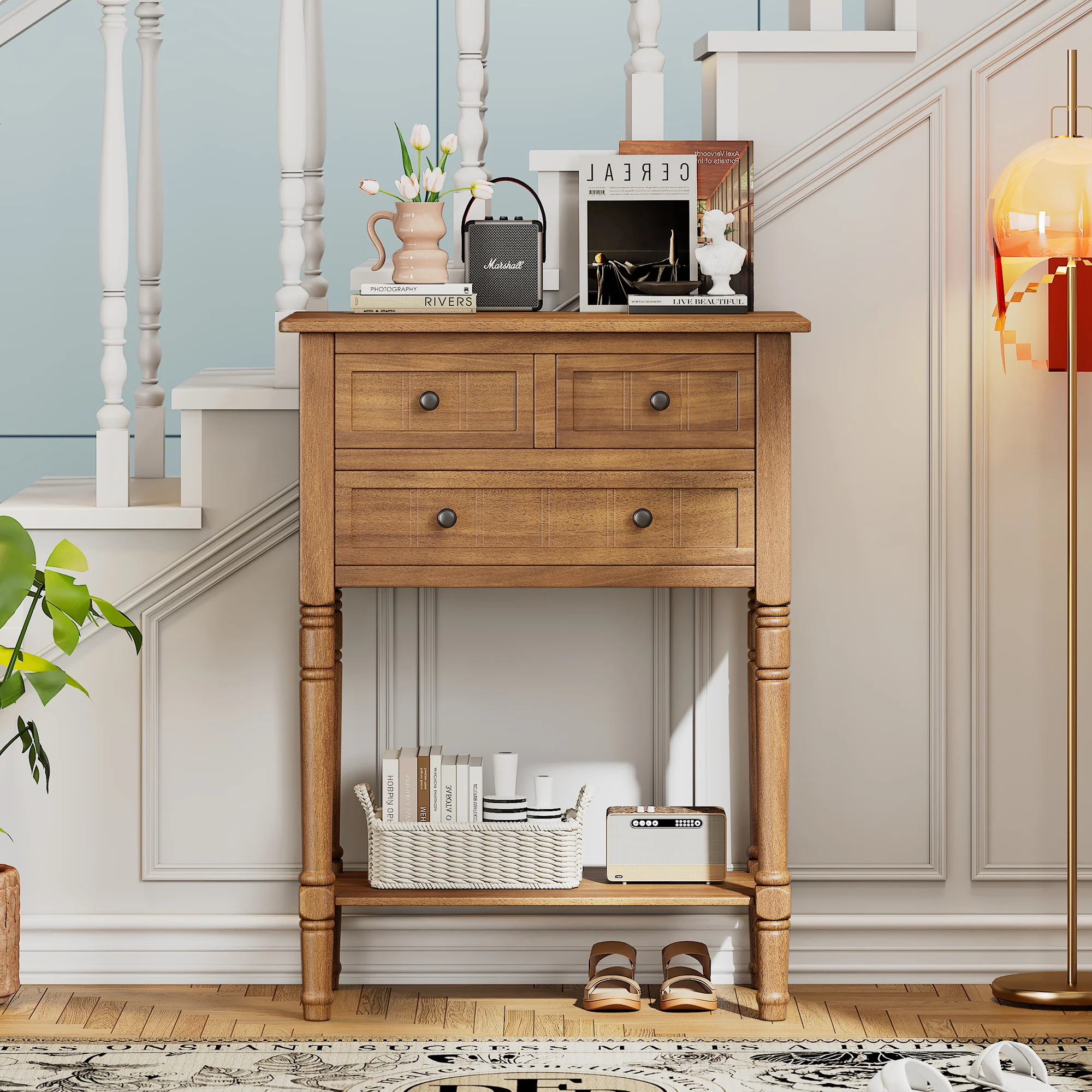 Conquest Narrow Console Table with 3 Drawers and Bottom Shelf