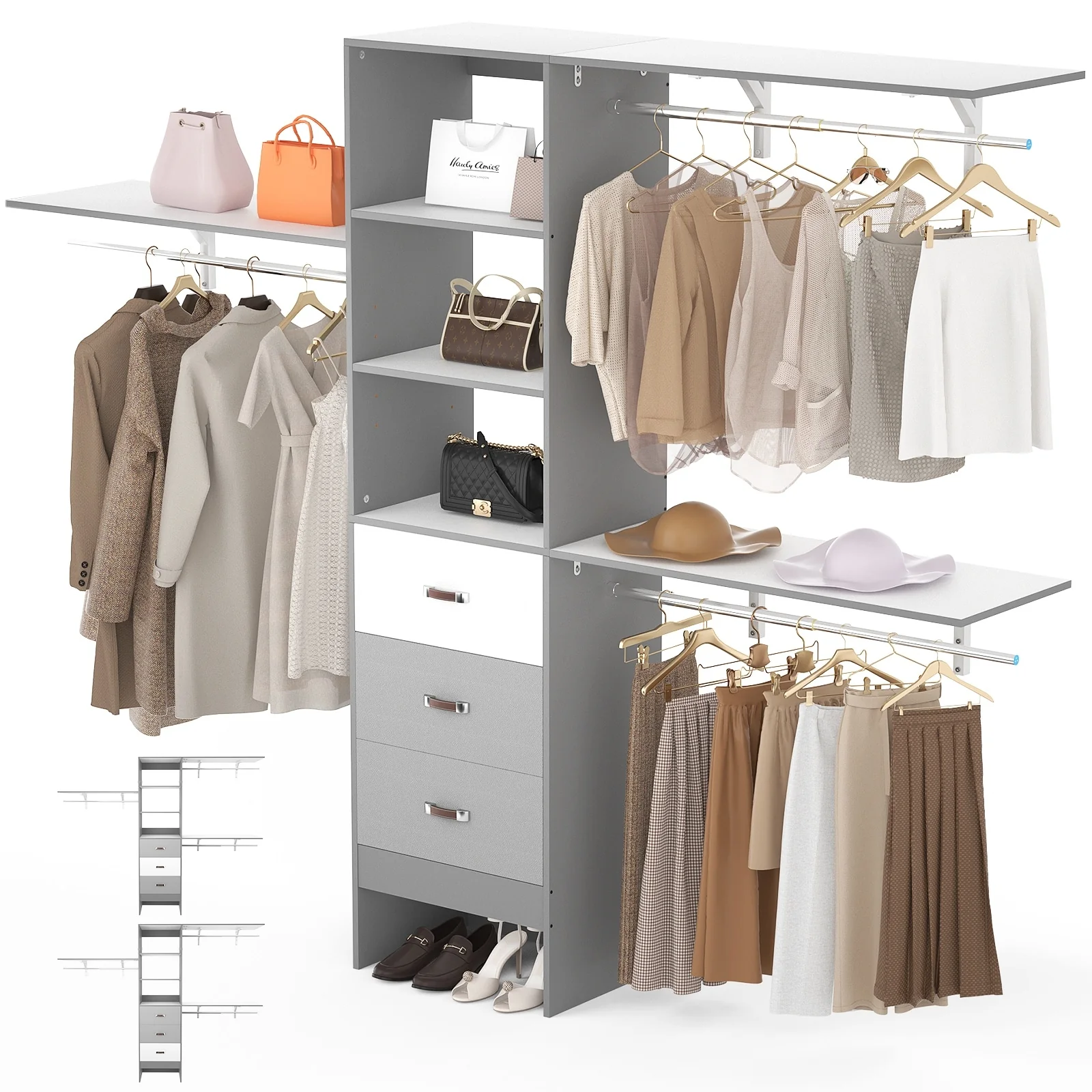 Rackcog 120'' Closet Organizer with Drawers, Closet System with DIY Shelves for Reach-in and Walk-in Closet