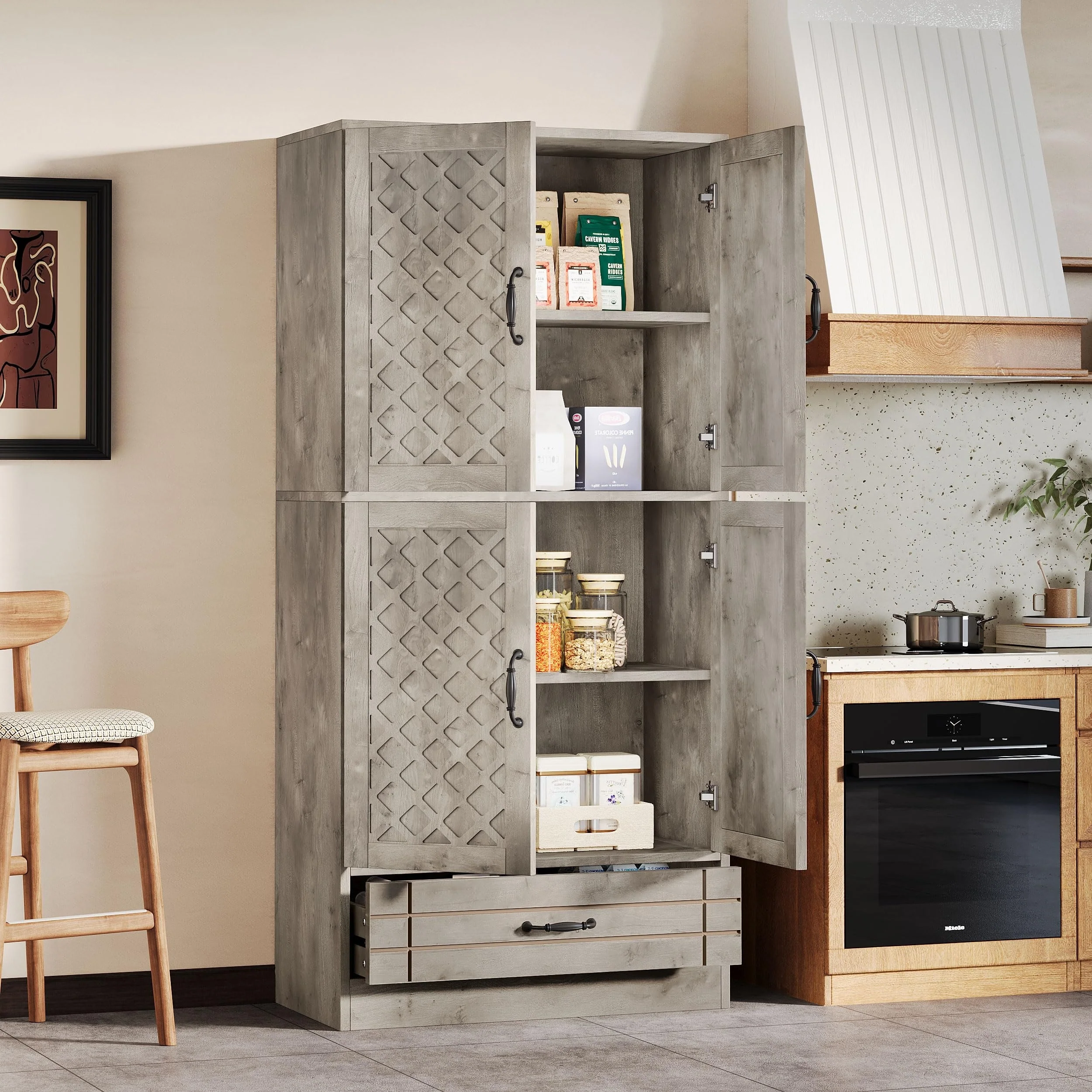 70-Inch Kitchen Pantry Cabinet, Tall Bakers' Rack Kitchen Cabinet with Doors and Drawer - N/A