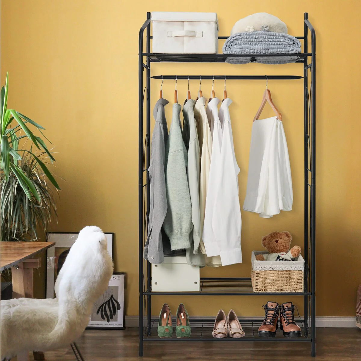 Multifunctional Clothes Rack Stand Metal Shelf Shoes with Shelves Hanging