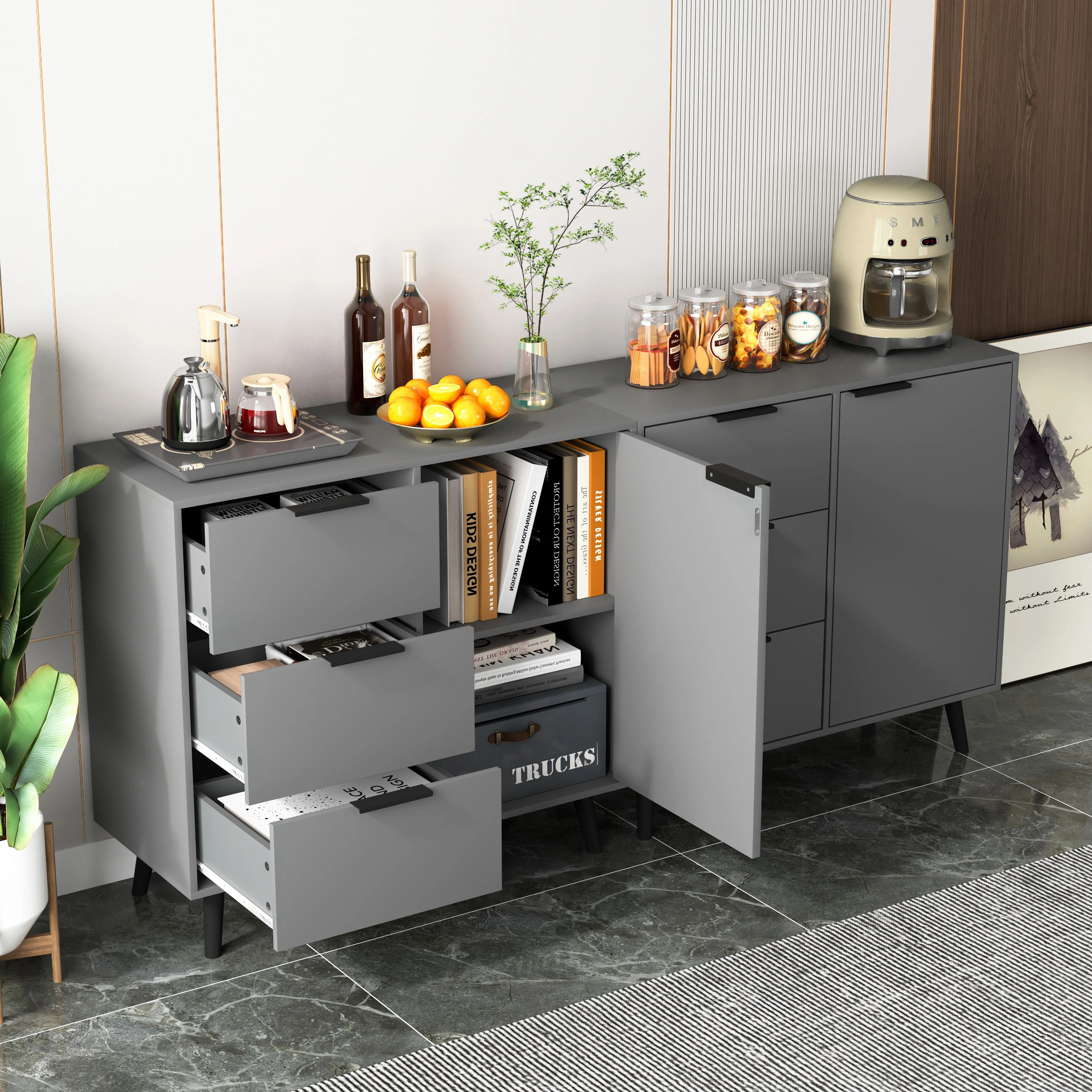 Sideboard Buffet Cabinet with Storage, Wood Coffee Bar Cabinet with Drawers & Doors