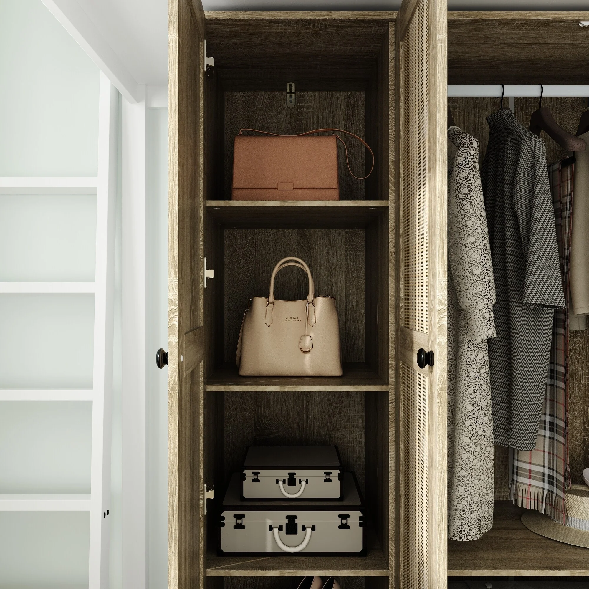 Large Storage Wardrobe Versatile Rattan Door Closet with Deep Drawers