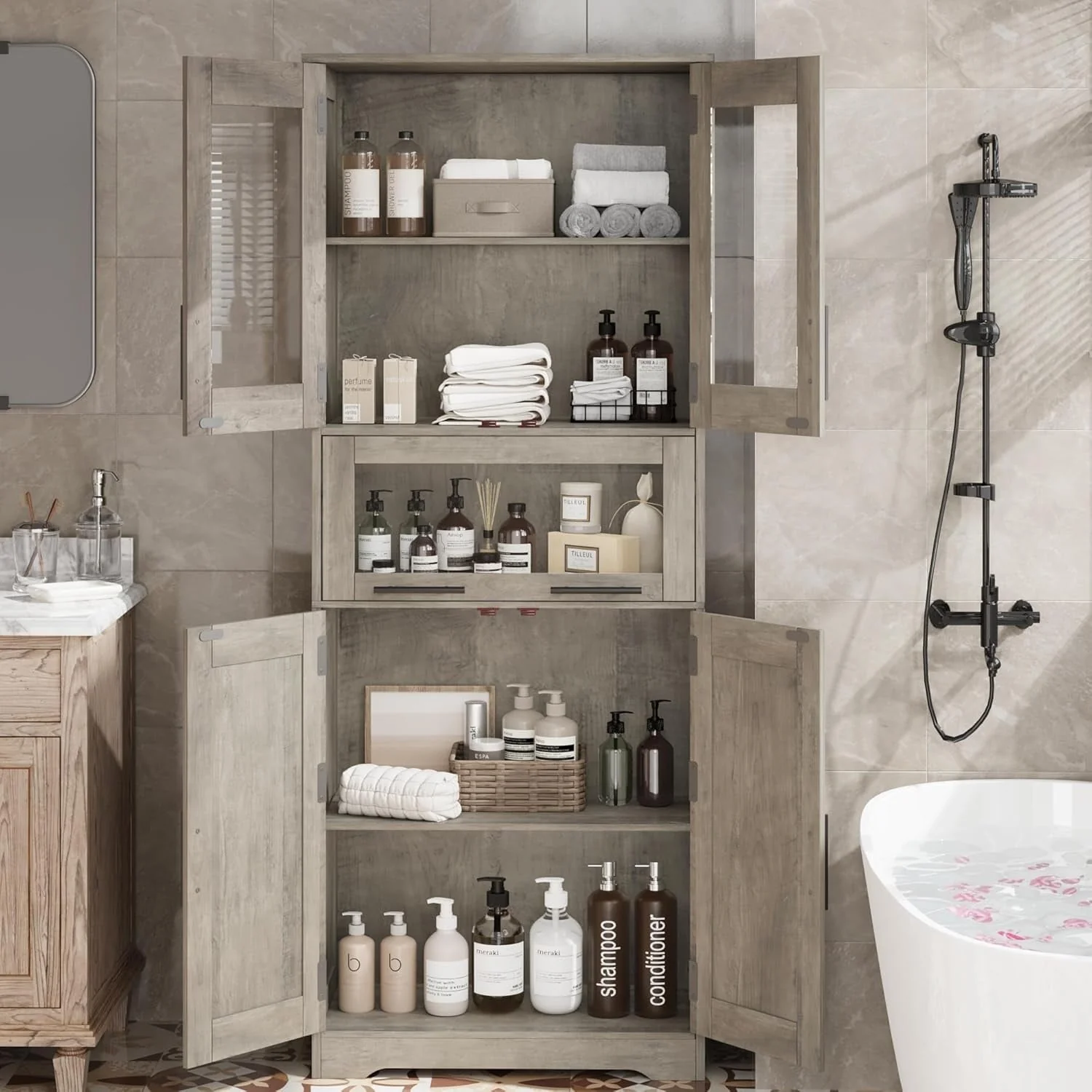 Tall Bathroom Cabinet, Linen Storage Cabinet with Doors and Adjustable Shelves and Drawer