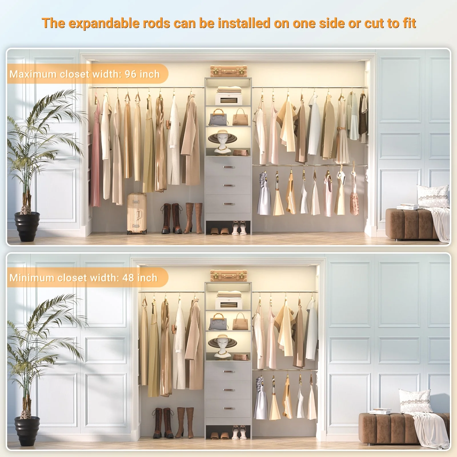 20.2'' - 96'' W Closet Organizer with Drawers, Closet System with Hanging Rods and Adjustable Shelves