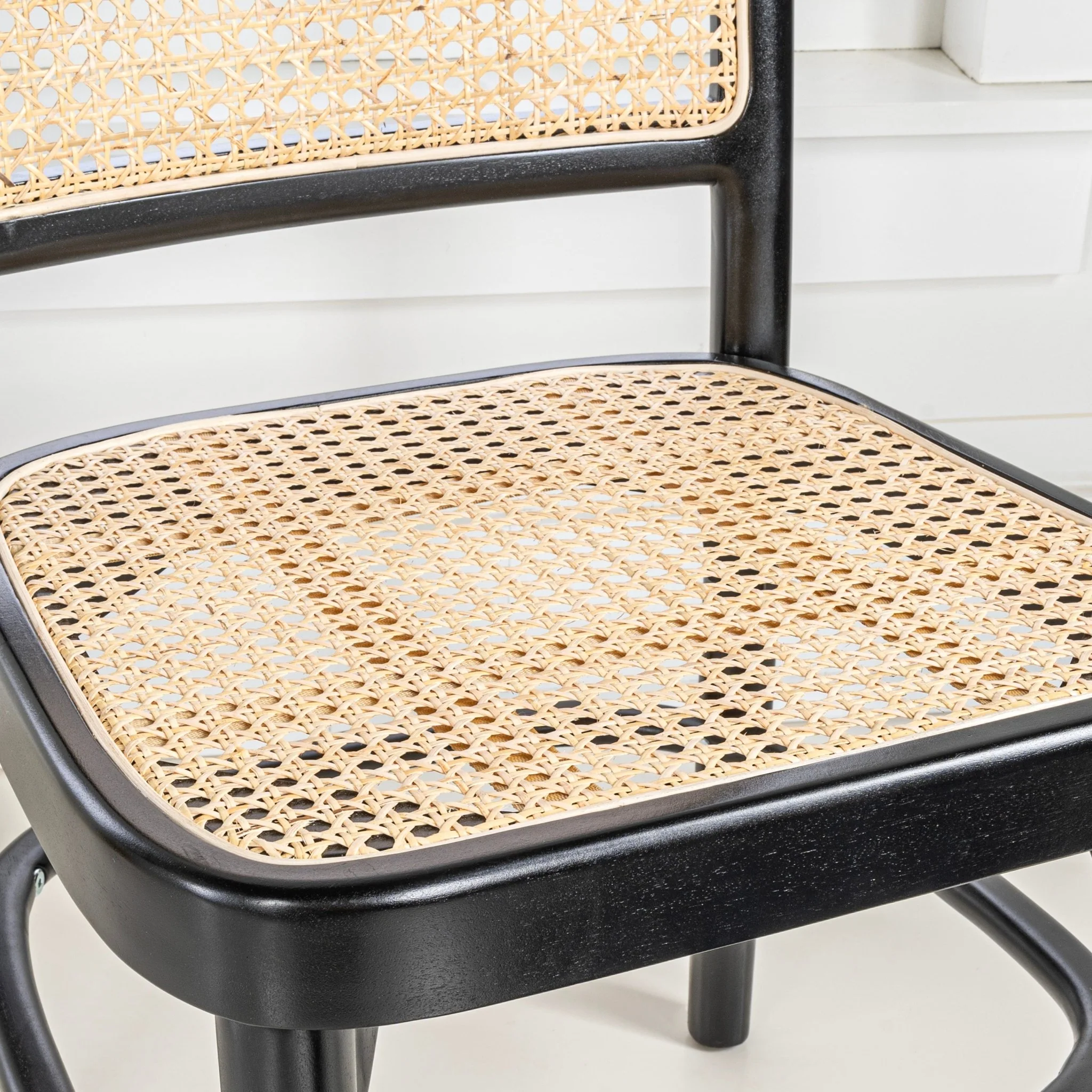 Colmar Mid-Century Vintage Wood Rattan Dining Chair, Black/Natural (Set of 2)