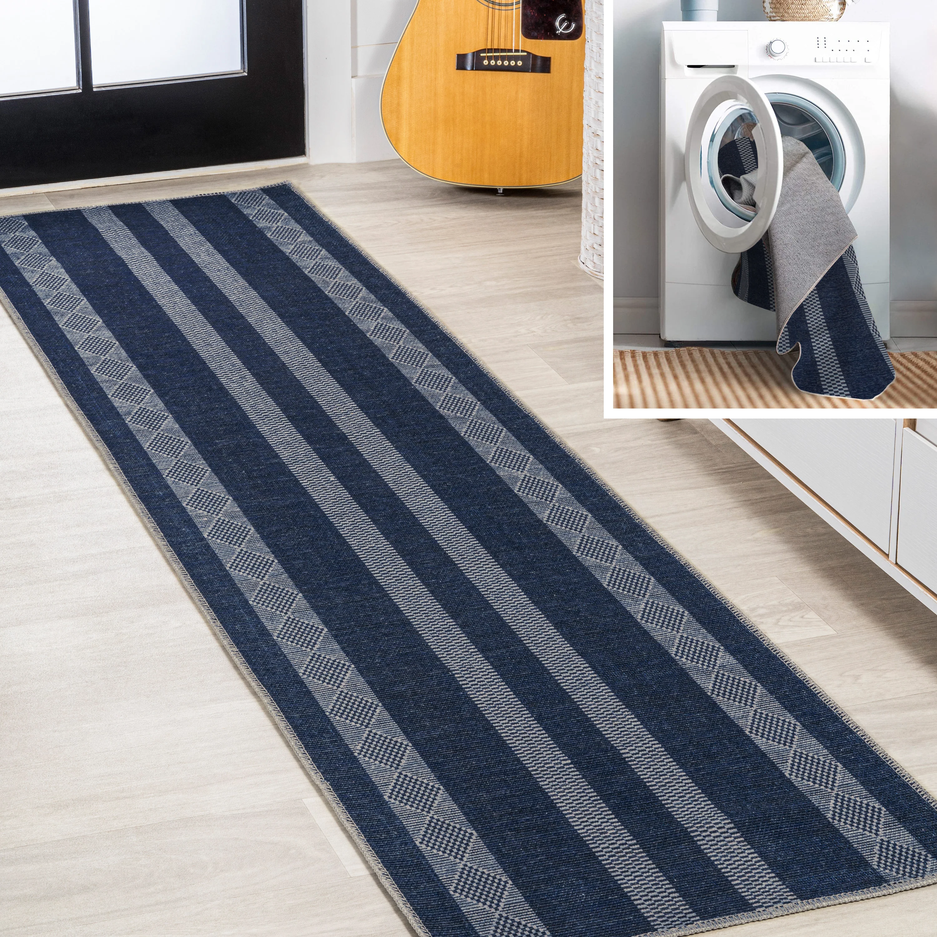 Nautisk Trellis Stripe Machine-Washable Area Rug